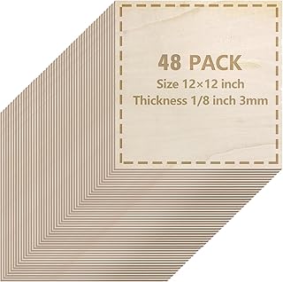 48 Pack Basswood Sheets 1/8 inch, 3mm Basswood for Laser Cutting, 12 x 12 inch Wood Slabs for Crafts, DIY Architectural Models Making, Wood Engraving, Staining, Drawing