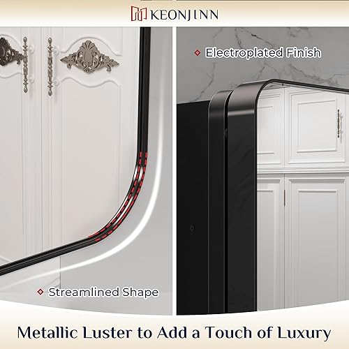 Miniatura 5 de Keonjinn Gabinetes de medicina negros de 16 x 24 pulgadas para baño con espejo con marco de acero inoxidable, estantes rectangulares redondeados