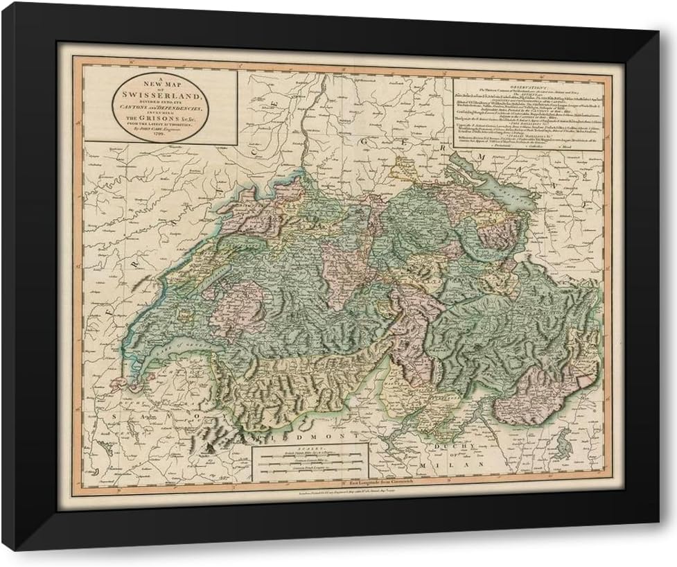 ArtDirect Vintage Map of Switzerland Custom Framed Art Print Giclee Print or Canvas Options with Various Sizes and Customization by Cary, John