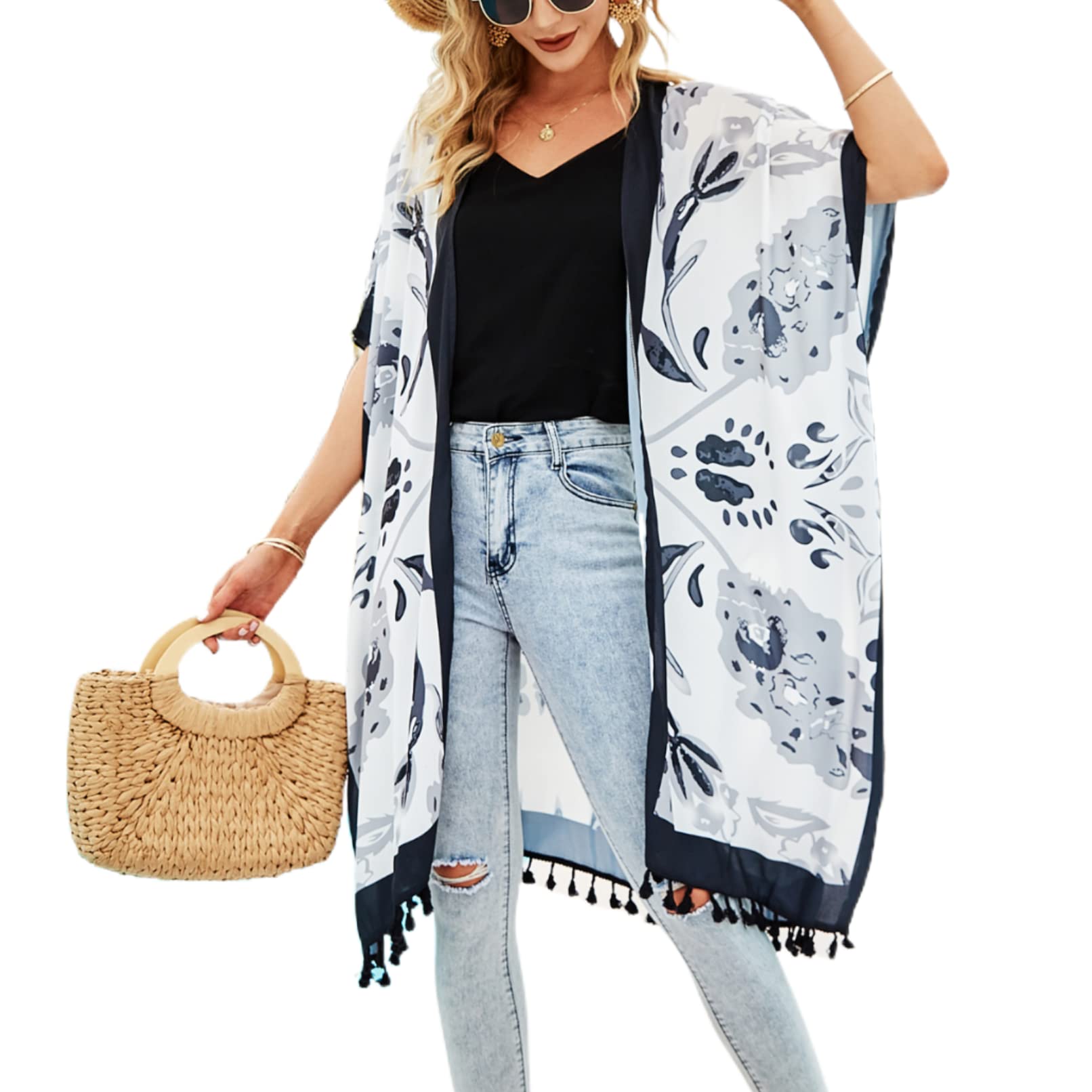 ARIMIA Vestido de playa kimono para mujer, kimono largo, verano, vacaciones, playa, poncho de playa, pareo, bikini