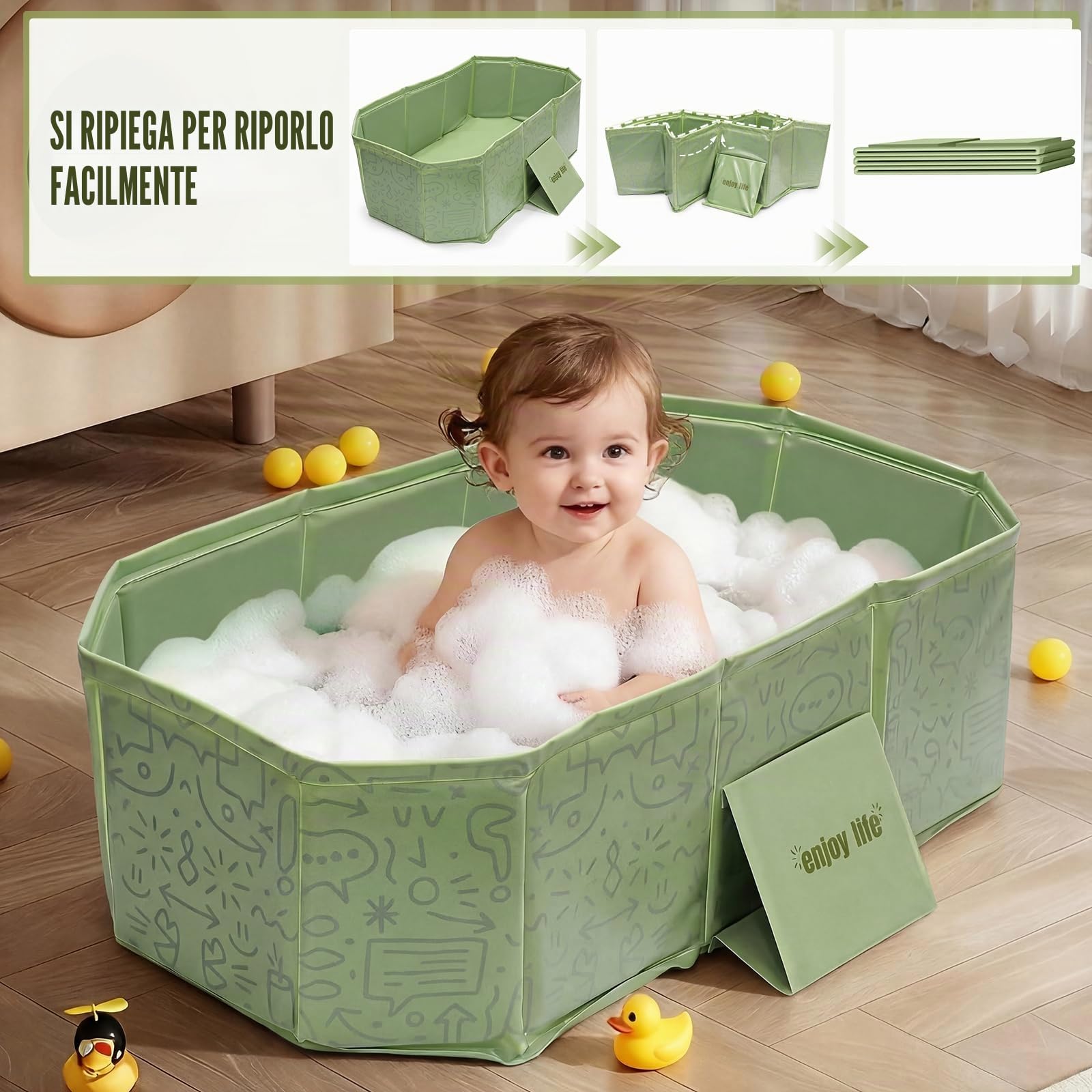 Vasca da bagno pieghevole per neonati e bambini, con tappo di scarico, 75 × 45 cm, design antiscivolo, in plastica senza BPA, colore: verde menta