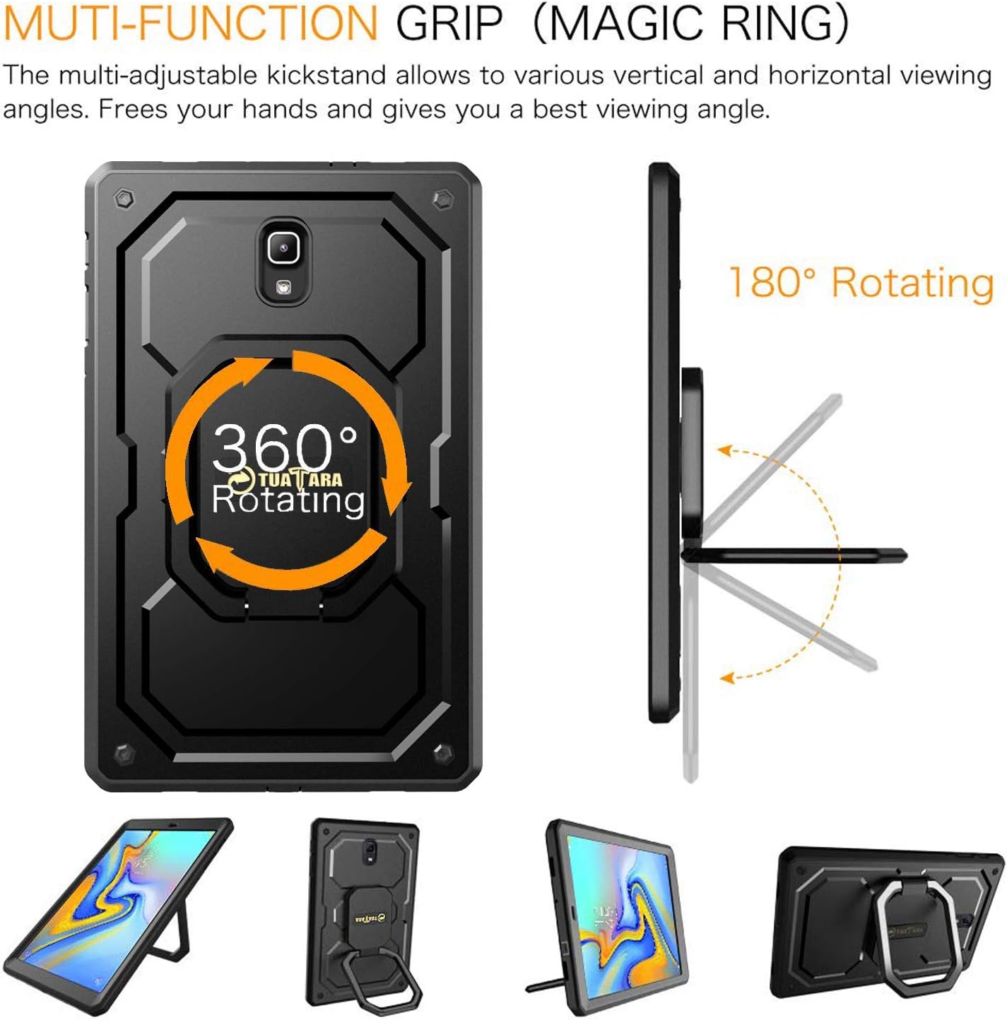 Fintie Shockproof Case for Samsung Galaxy Tab A 10.5 2018 Model SM-T590/T595/T597, [Tuatara Magic Ring] [360 Rotating] Multi-Functional Grip Stand Carry Cover w/Built-in Screen Protector, Black