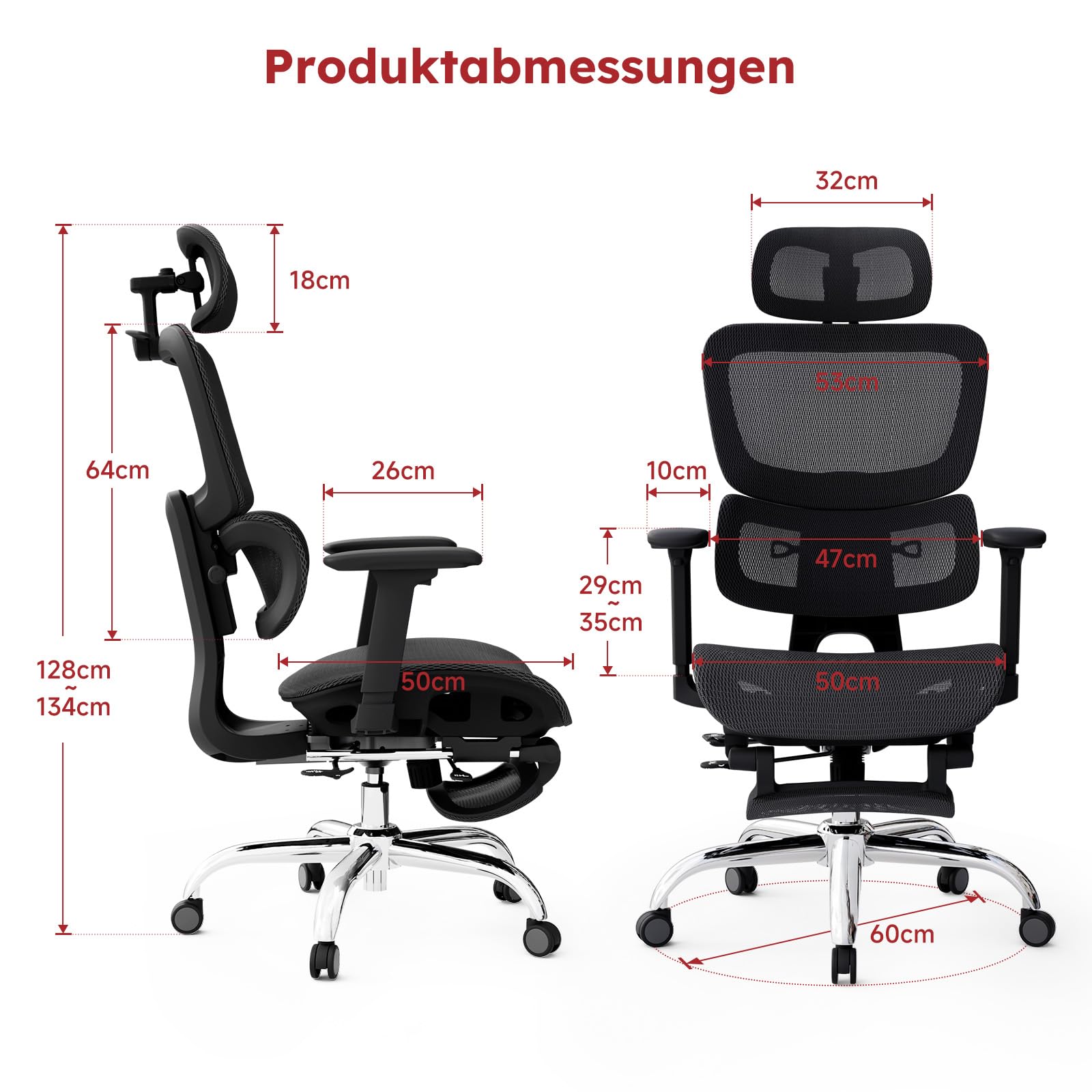 Ergonomischer Bürostuhl Voll-Mesh 150kg mit Fußstütze, Schreibtischstuhl mit Abnehmbarem Kissen, Selbstanpassende Lendenstütze, Höhenverstellbarer Rückenlehne, Kopfstütze, PU-Rolle 360°, Schwarz