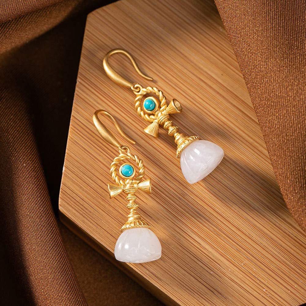 Vintage Largo Aretes De Plata Esterlina S925 Mujer Chapado En Oro Blanco Loto De Jade Encanto Estilo Chino Clásico Elegante Temperamento Temperamento De Gama Alta Regalo