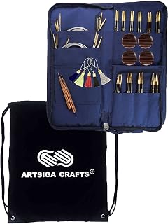 Heirloom 5-Inch 10-Pair Interchangeable Circular Knitting Needle Set Handcrafted Ebony US 2.5, 3, 4, 5, 6, 7, 8, 9, 10, 11, Silk Case, 6 Cords, 4 End Caps Bundle with 1 Artsiga Crafts Bag