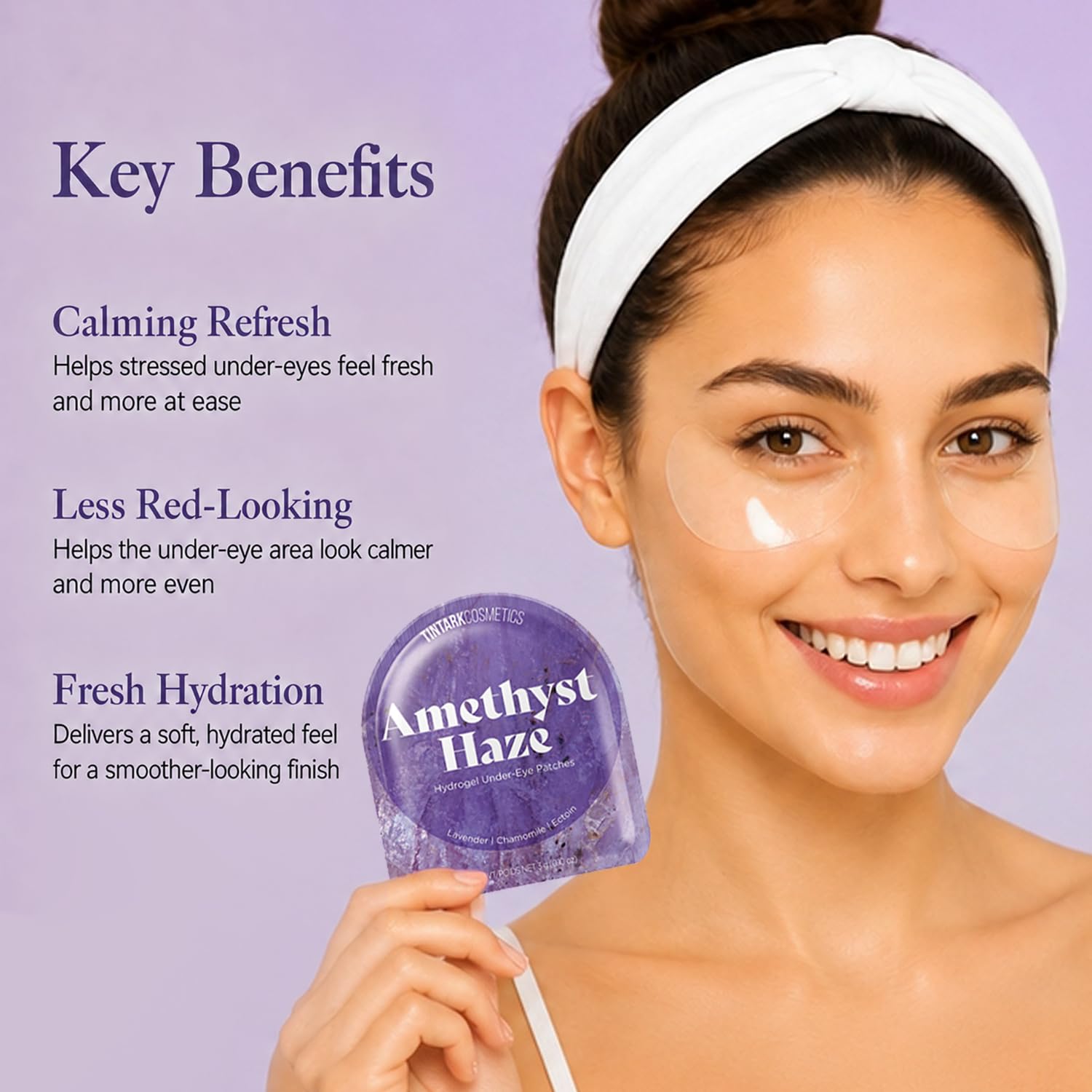 Tintark Parches de hidrogel Crystal Amethyst Haze para debajo de los ojos | Mascarillas de lavanda, manzanilla y ectoína para ojos sensibles y comodidad de aspecto enrojecido