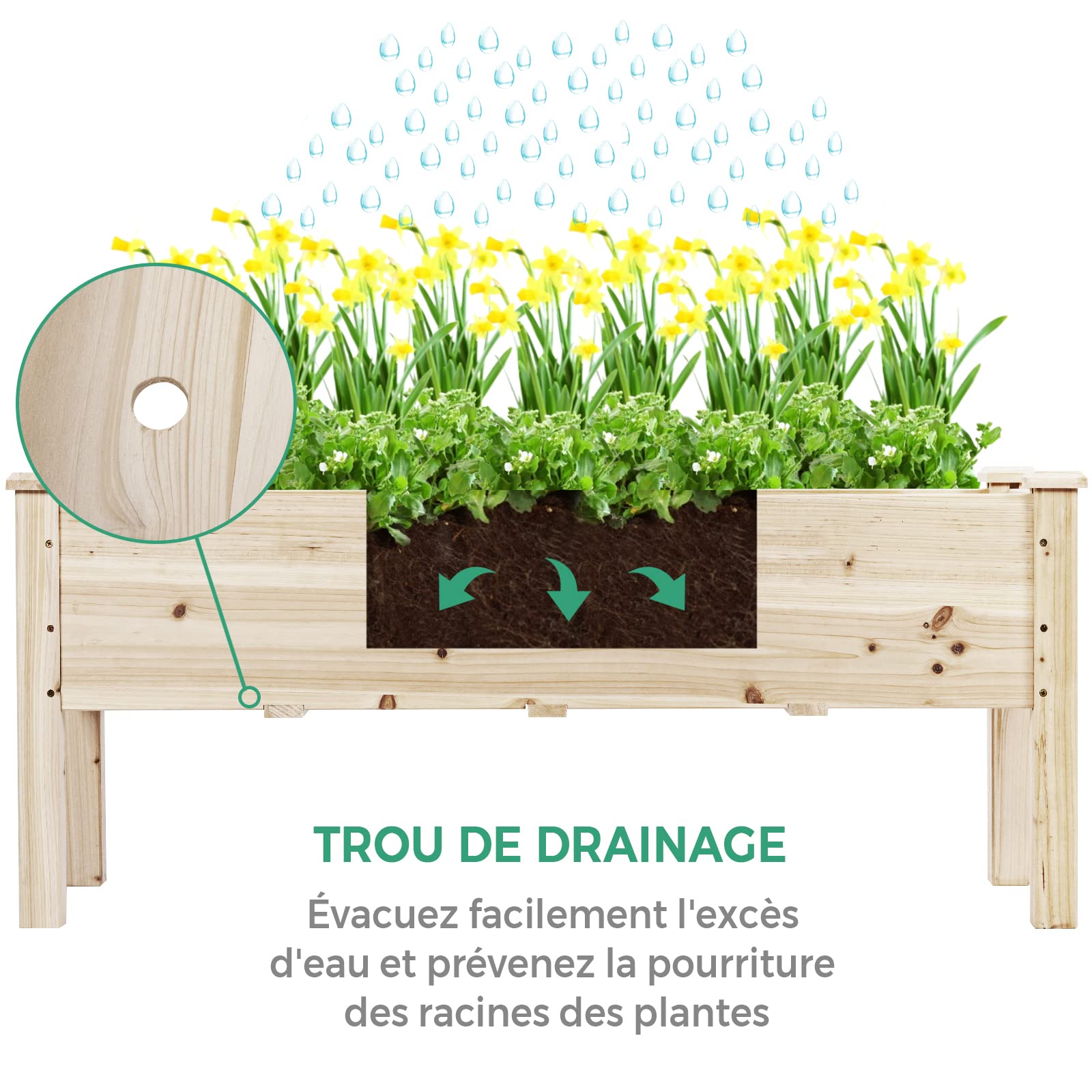 GOPLUS Carré Potager sur Pieds, Jardinière en Bois avec 5 Trous de Drainage pour Légumes, Herbes, Fleurs,Convient à Jardin,Cour,Terrase,120 x 43,5 x 51cm,Naturel