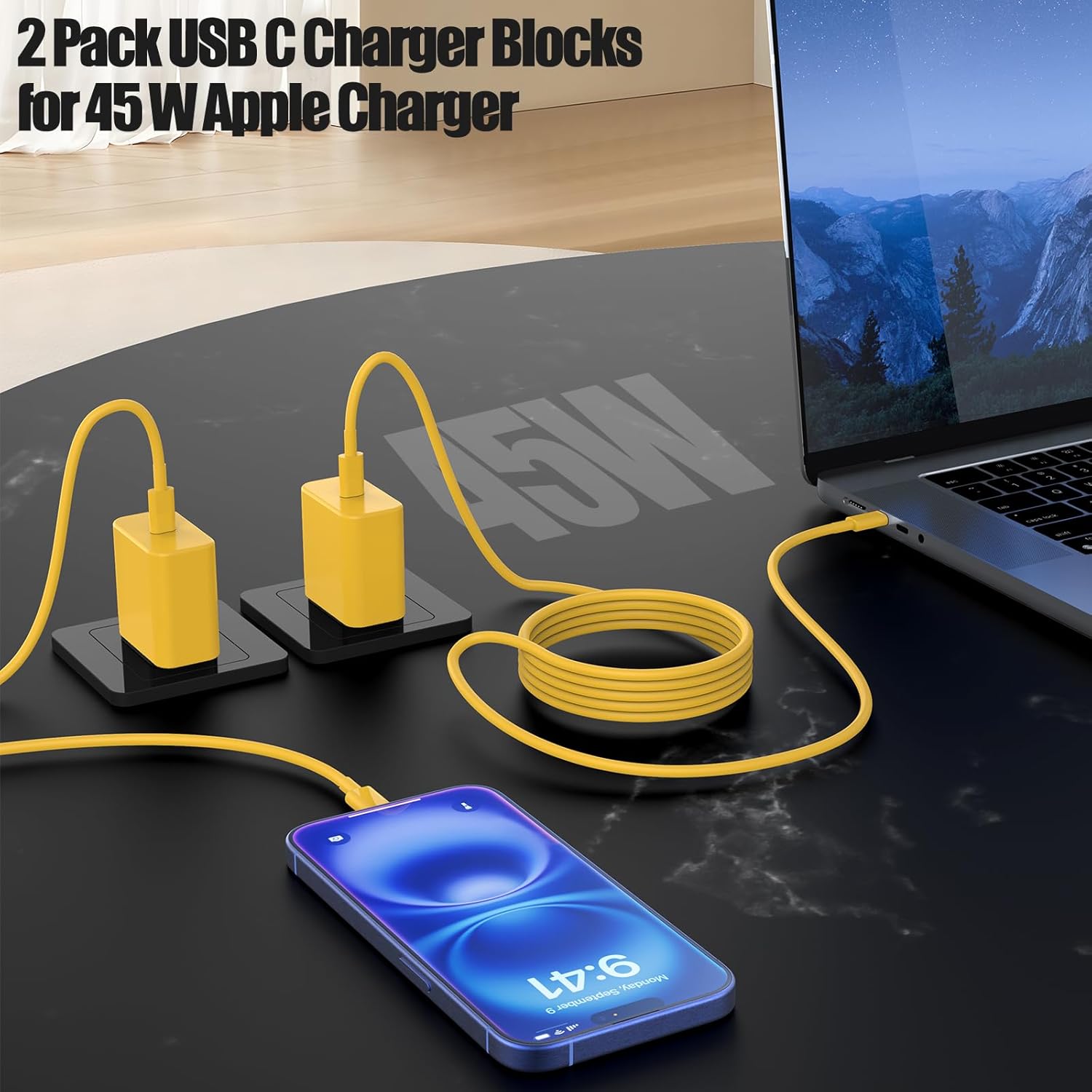 45W USB C Fast Charger for iPhone 17/ Air/16/15 Pro Max,2Pack 10FT Type C Charger Block & Cable, PD 3.0 Super Fast Charging for iPad Pro MacBook Air/Pro M1/M2, AirPods-Yellow