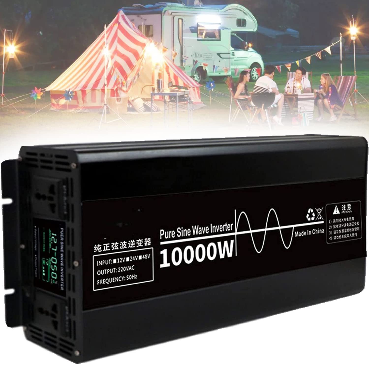 Przetwornica Czystej Fali Sinusoidalnej 12V/24V/48V Na 220V/230V Przetwornica Samochodowa Mocy Z Wyświetlaczem Lcd 2 Gniazda Ac Do RV łodzi,Kempingów,Gospodarstw Domowych,10000W-24V