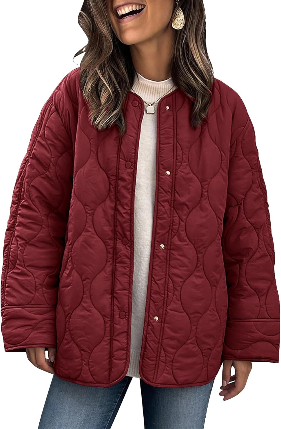 PEHMEA Women's Oversized Lightweight Quilted Jacket Button Down Fall Winter Coats Puffer Padded with Pockets
