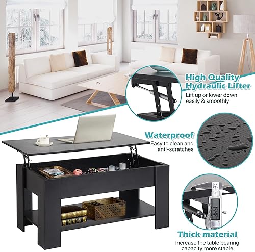 Miniatura 3 de Mesa auxiliar elevable, mesa de centro de madera ajustable de 39.4 pulgadas de altura con compartimento oculto y estante inferior de almacenamiento