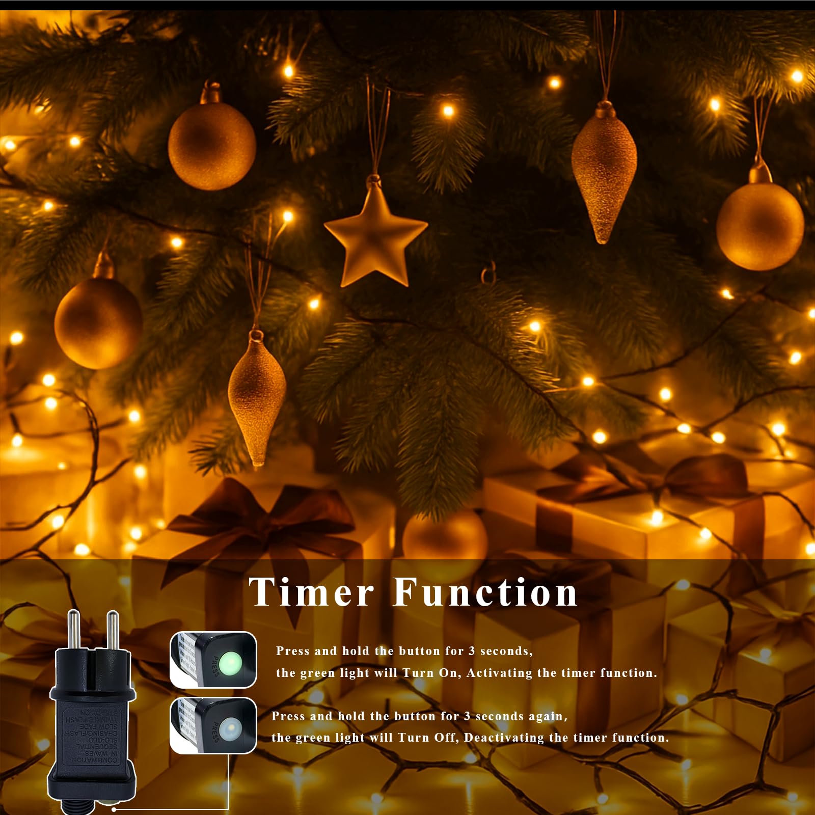 Guirlande Lumineuse Extérieure 100m 1000 LED Blanc Chaud, 8 Modes avec Prise 31V-7,2W, Mémoire et Minuterie, Étanche IP44, Câble vert Foncé, Idéale pour Mariage, Fête, Jardin, Noël