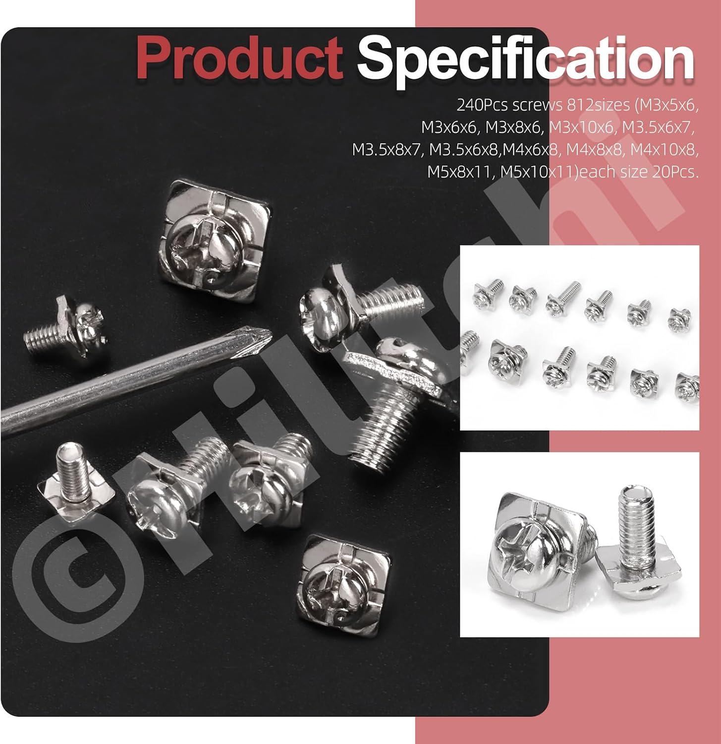 Hilitchi 240Pcs M3 M3.5 M4 M5 Battery Terminal Bolt Screws with Square Nuts 12 Sizes Carbon Steel Terminal Block Screws Assortment Kit Square Washers for Fixing Wires in Electrical Facilities