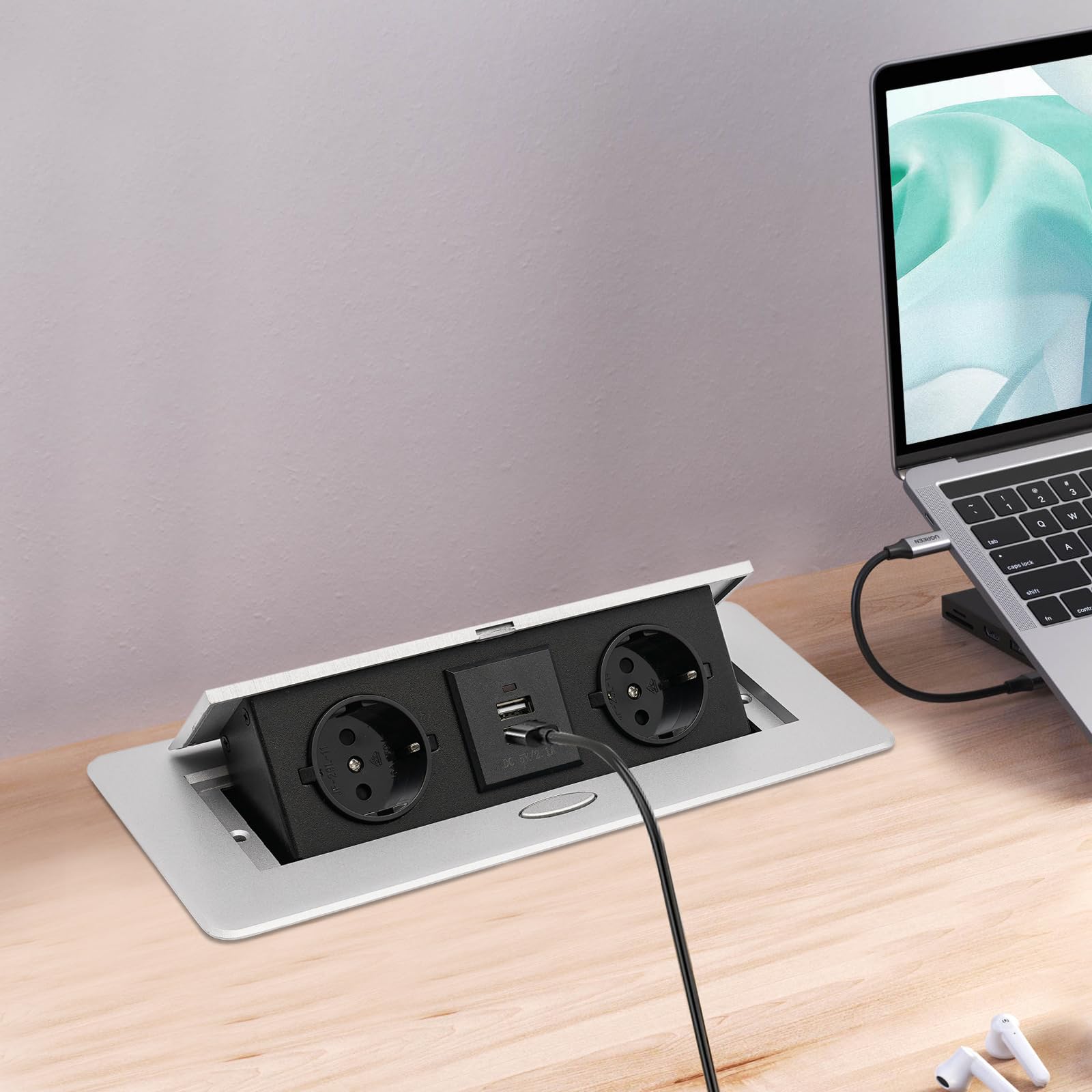 Gniazdko wpuszczane do zabudowy, 2-drożne, z 2 gniazdami USB typu pop-up