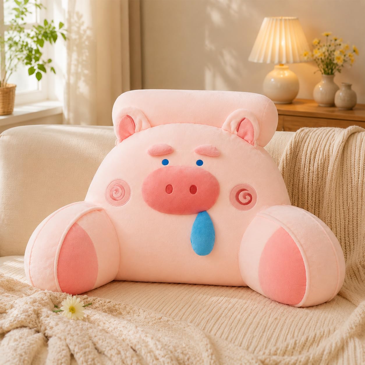 Azmaht Pink Pig Cuddle Cushion Reading Pillow In Soft Plush And Pp Cotton, Washable Back Support Cushion, Cosy Support Pillow, Lounger Back Support Pillow For Adult Bedrest,,75X50cm