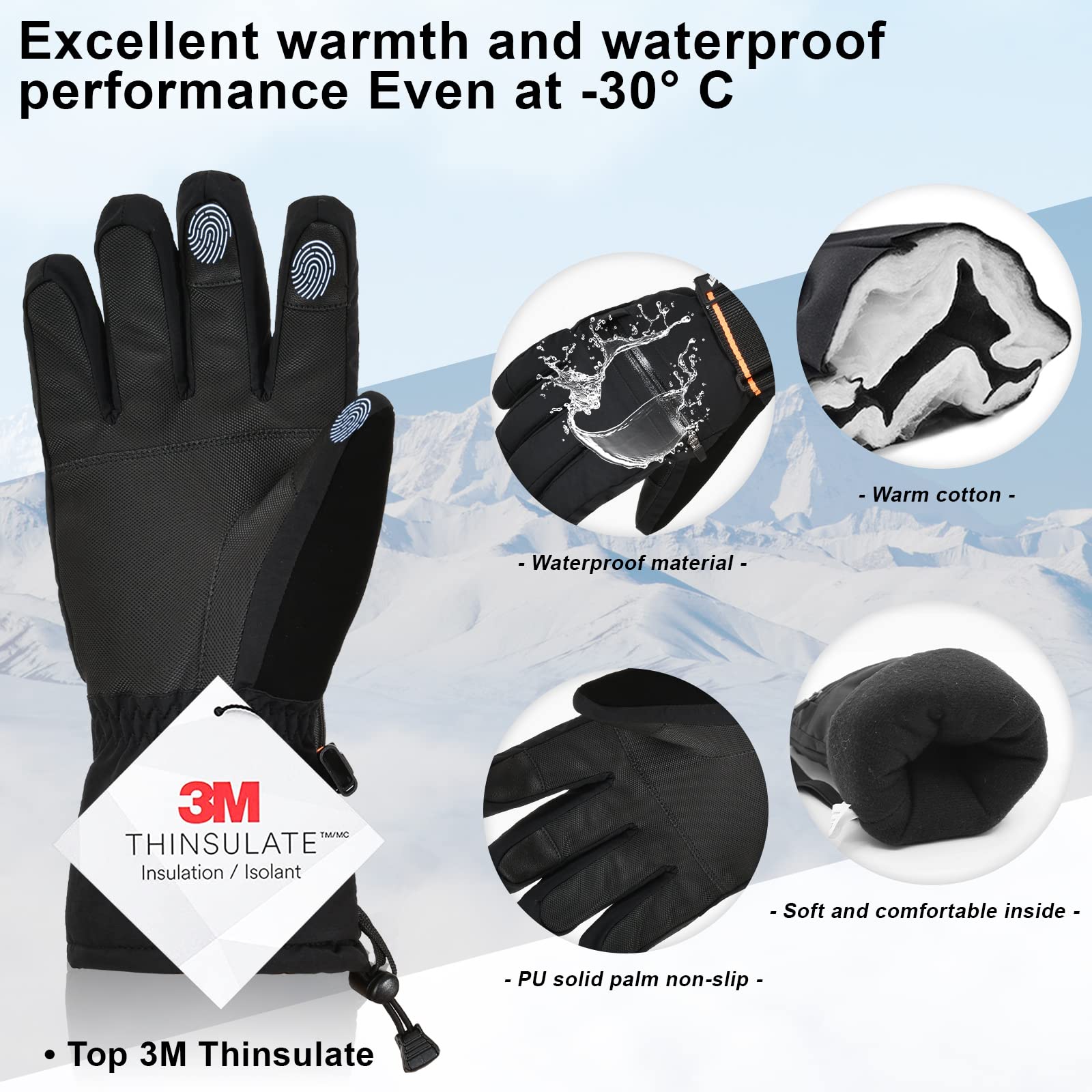 Vihir Guanti da Sci, Guanti da Snowboard Impermeabili Touchscreen 3M Thinsulate, Guanti Caldi da Ciclismo Invernali per Uomo Donna, Guanti Antiscivolo per Sci, Snowboard, Ciclismo, Arrampicata