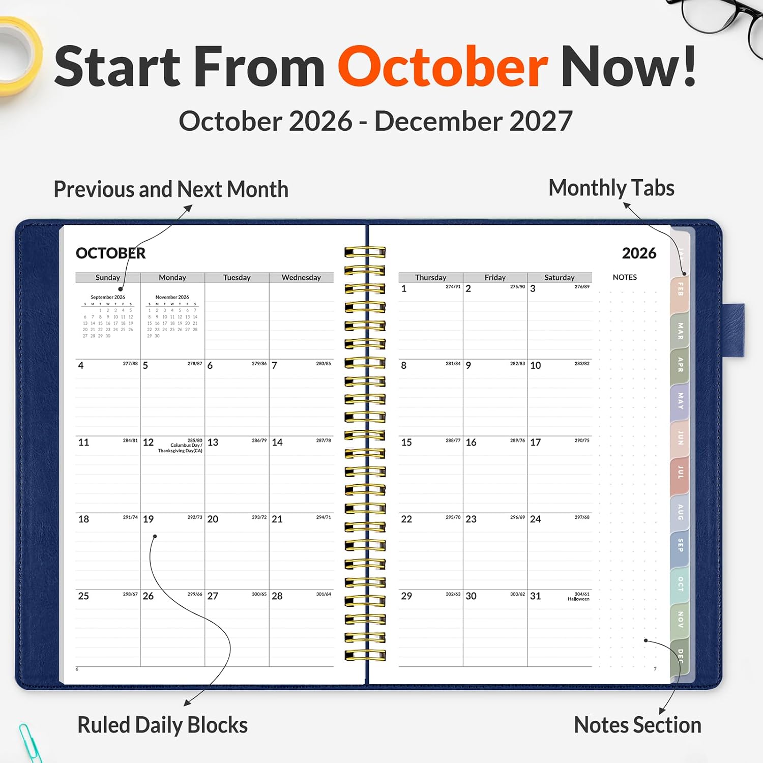 SUNEE 2027 Weekly & Monthly Planner 6.2"x8.5"- 12 Month (January 2027 - December 2027), Vegan Leather Cover, Pocket, Bookmark, Notes, Monthly Tab, Deep Blue image 2
