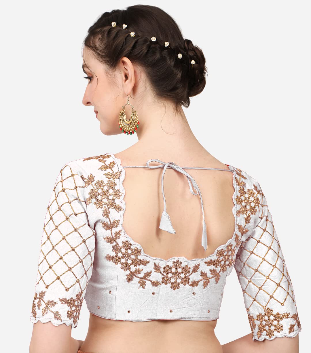 Pujia Mills Women's Embroidery Handwork, Rough Cut Work Stone Work Readymade Blouse (32, White)