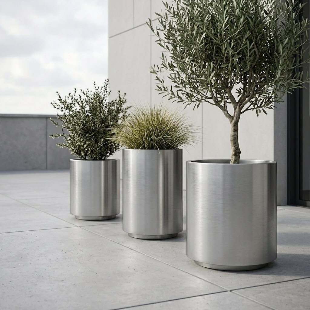 Metropole Edelstahl Pflanzkübel Ø40 x H50 cm Silber — Pflanzgefäß groß frostbeständig handgefertigt rostfrei Outdoor Indoor Garten Terrasse Balkon