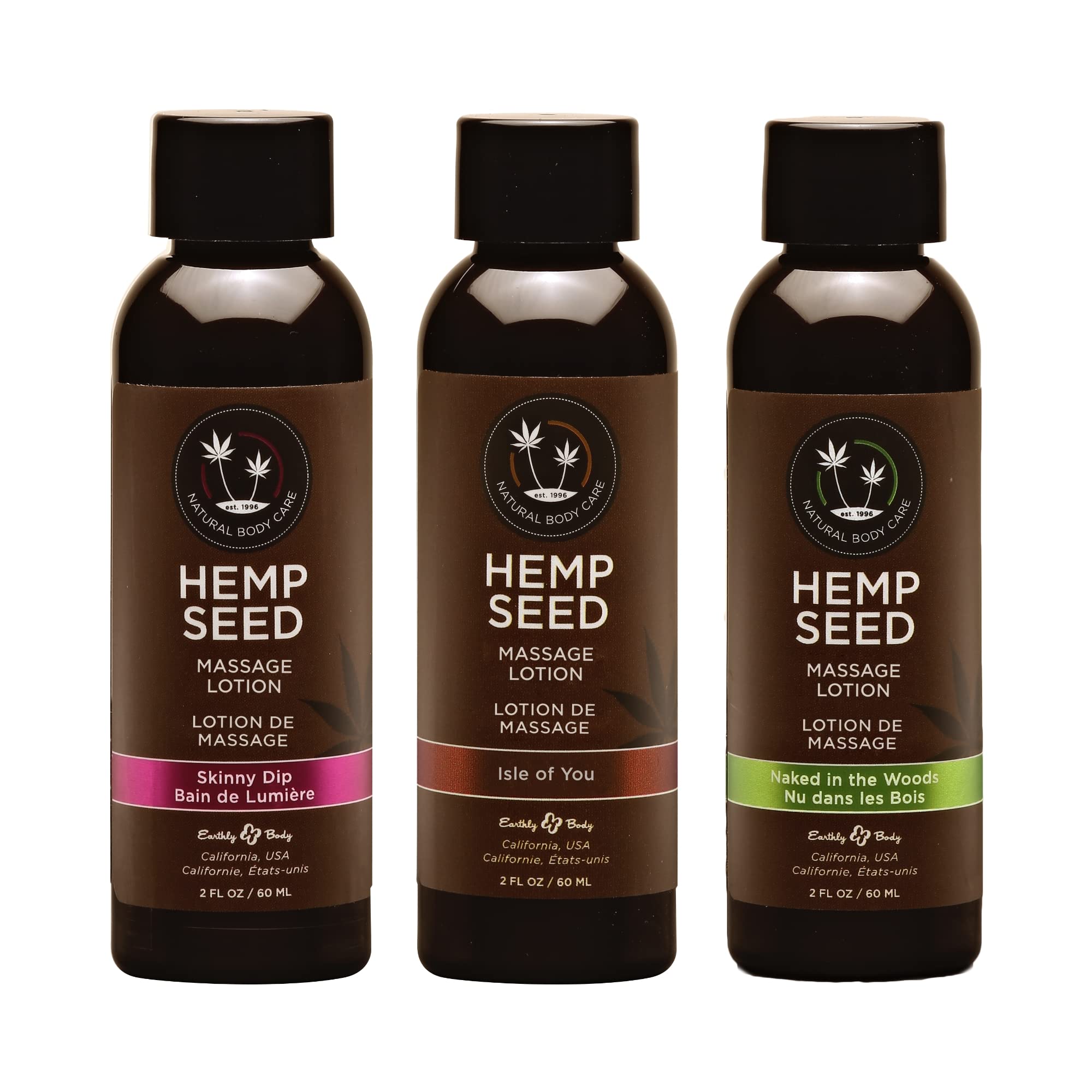 Hemp Seed Massage Lotion Gift Set - 2 oz Isle of You, Skinny Dip & Naked in the Woods Scents - Glides Easily on Skin, Absorbs Slowly & Deeply, Moisturizes - Vegan, Cruelty Free