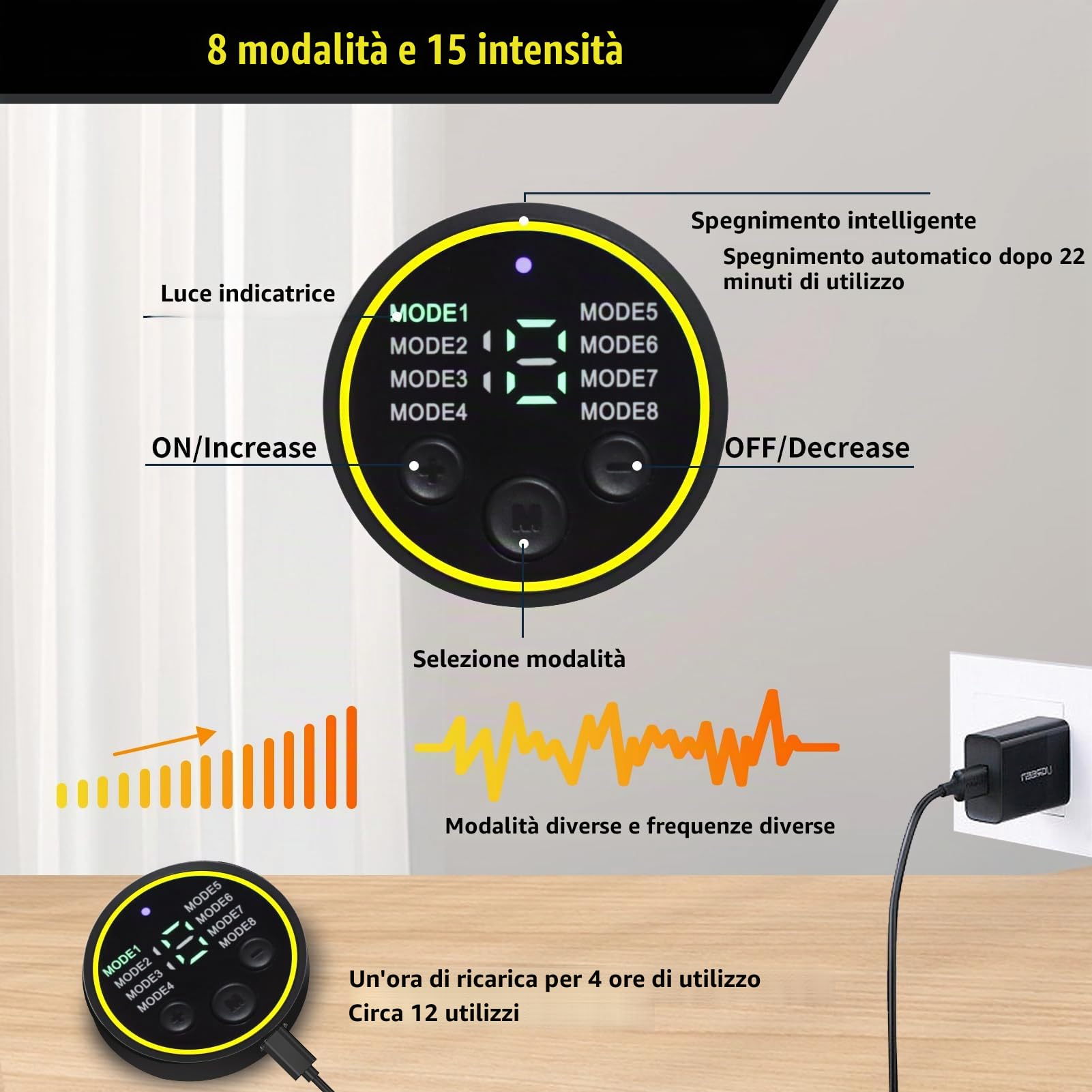 Elettrostimolatore Muscolare Addominali, Elettrostimolatore per Addominali, Elettrostimolatore per Un Allenamento a Tutto Corpo, 8 modalità e 15 Intensità, 10 Ricambi di Idrogel （Giallo）