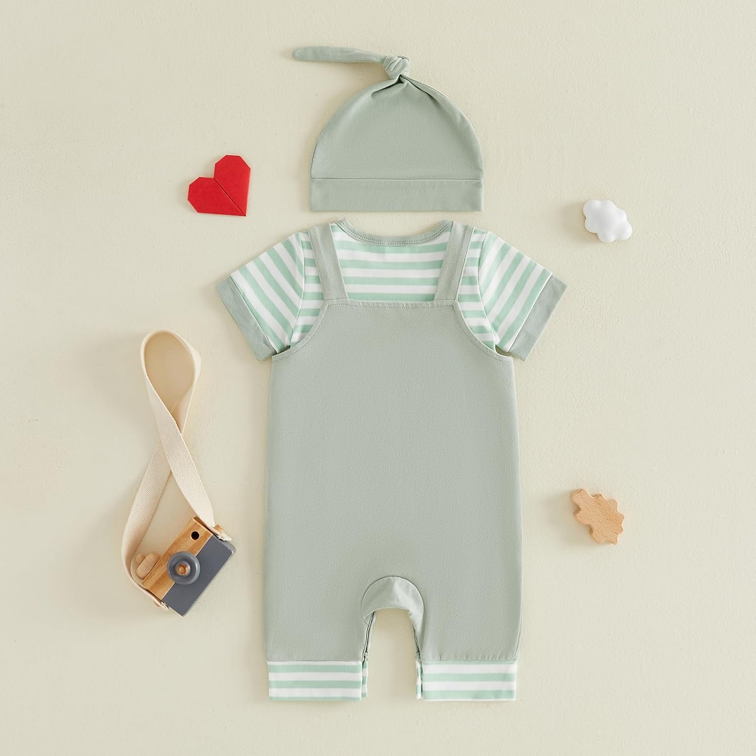 Baby Boy First Fathers Day Outfit Short Sleeve Stripe Romper Bear/Crocodile Embroidered Overall Pants Hat 3Pcs Set