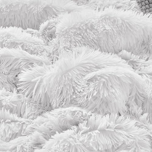 Miniatura 7 de UOZZI BEDDING Juego de edredón blanco de piel sintética tamaño Queen de 3 piezas, 1 juego de edredón blanco lanudo y 2 fundas de almohada, ultra