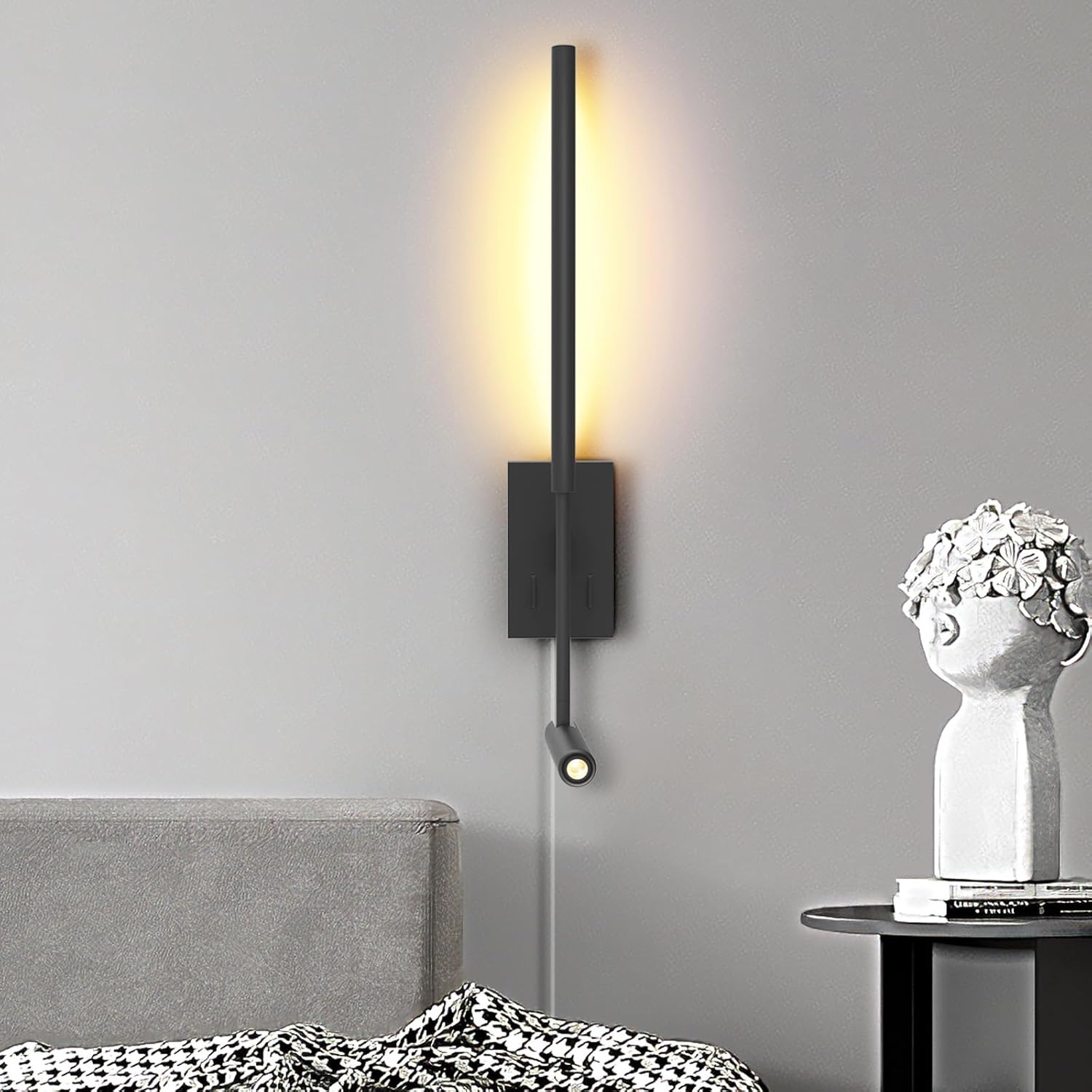 ZEROUNO Modern Plug in Wall Sconce Indoor Wall Light, Minimalist LED Line Wall Lamp with Switch, Adjustable Matte Black Wall lamp for Living Room Bedroom Hallway Reading etc