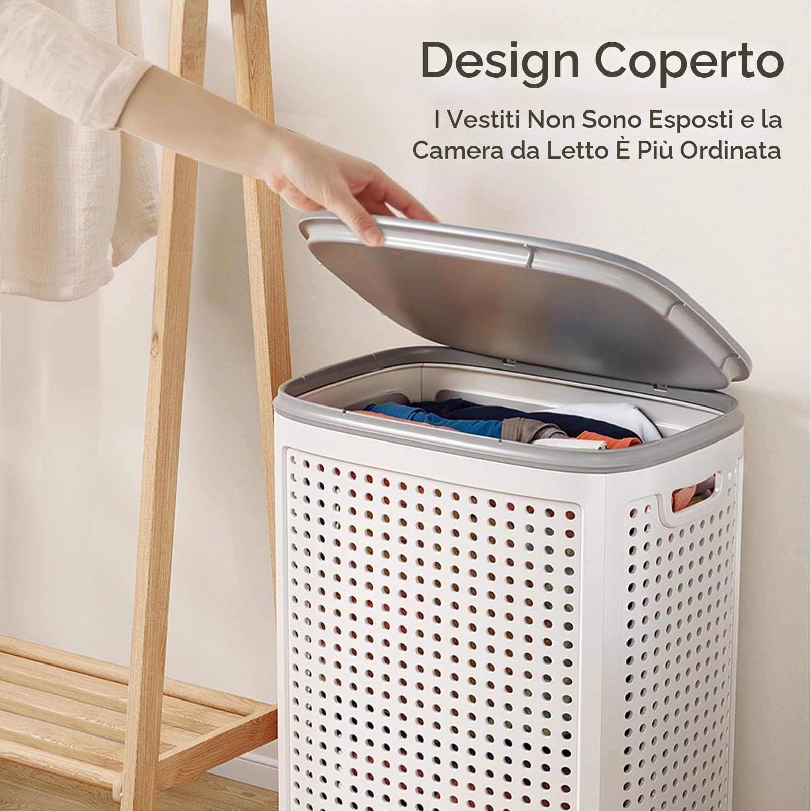 Cesto Biancheria Sporca con Coperchio, Portabiancheria Plastica con Ruote, Cesta Panni Sporchi con Design Cavo e Maniglie per Un Facile Trasporto(Large)