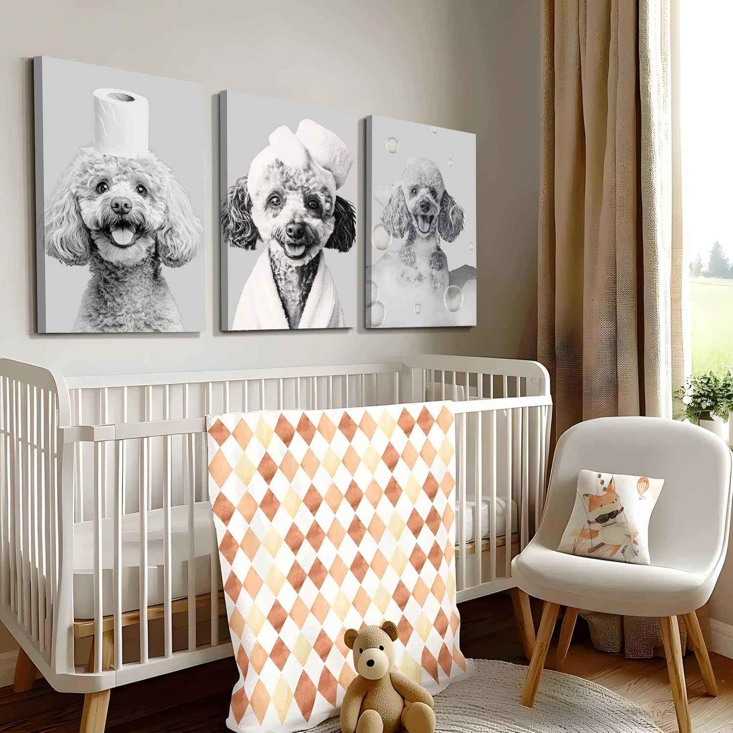 3pcs Black And White Animal Bathroom Wall Art Funny Dog Painting Picture Wall Decor Teddy With Bath And Overhead Toilet Paper Rolls Poster Print Artwork For Bedroom Bathroom Hotel 12x16 Inch Framed