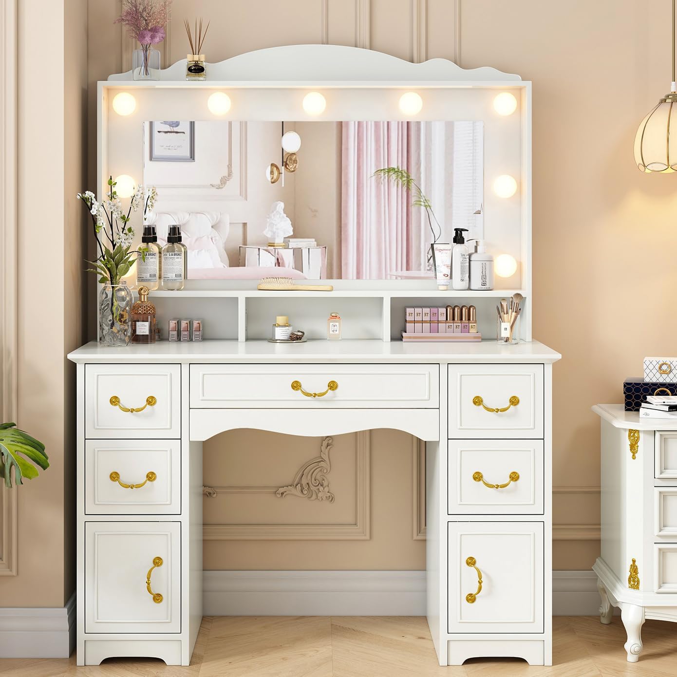 Vanity Desk with Mirror and Lights-Large Makeup Vanity Table with Power Outlet & 5 Drawers, 3 Colors and Brightness Adjustable, Large Mirror, Modern Dressing Table for Bedroom, White