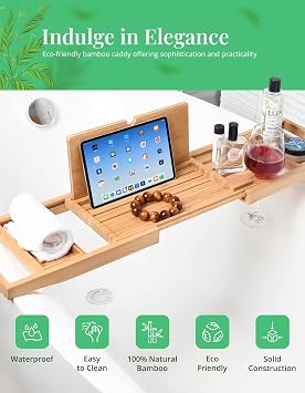 Extendable Bath Tray, Luxury Wooden Bamboo Bathtub Shelf with Built-in Holders for Books, Tablets, Phones, Glasses & Candles, Adjustable Caddy Bridge Fits Most Bathtubs