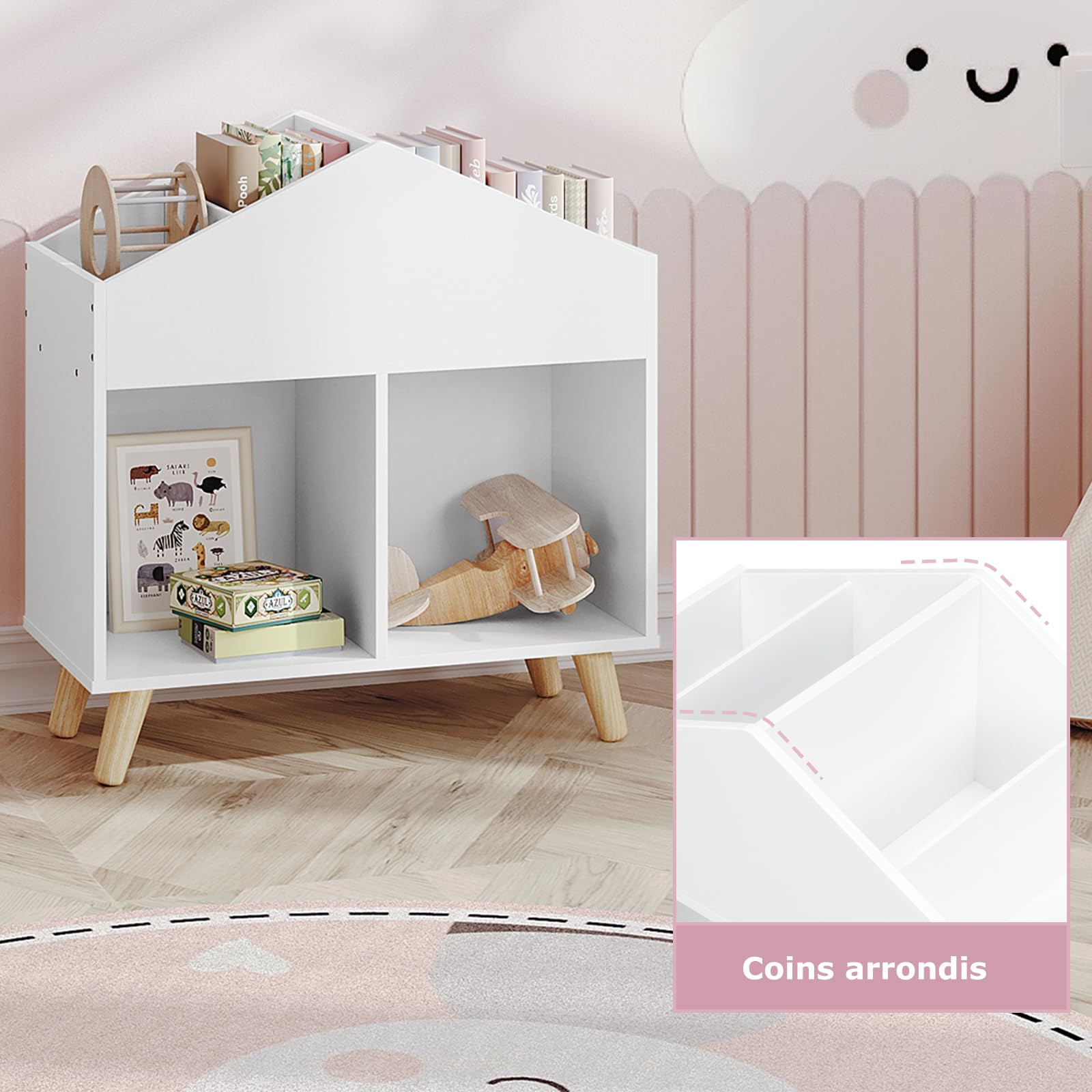 Lestarain Bibliothèque pour Enfants, Montessori, Étagère à Livres/Jouets en MDF pour Enfants, avec 6 Compartiments Ouverts et 4 Pieds en Bois Massif, Blanc, 60x30x64,5cm