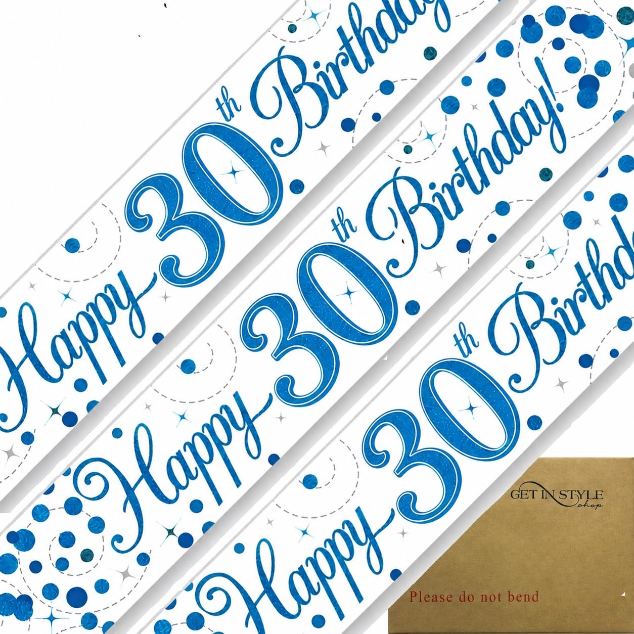 9ft Banner 30th Birthday Sparkling Fizz, Blue Holographic Foil Pennant Age 30 (274cm)