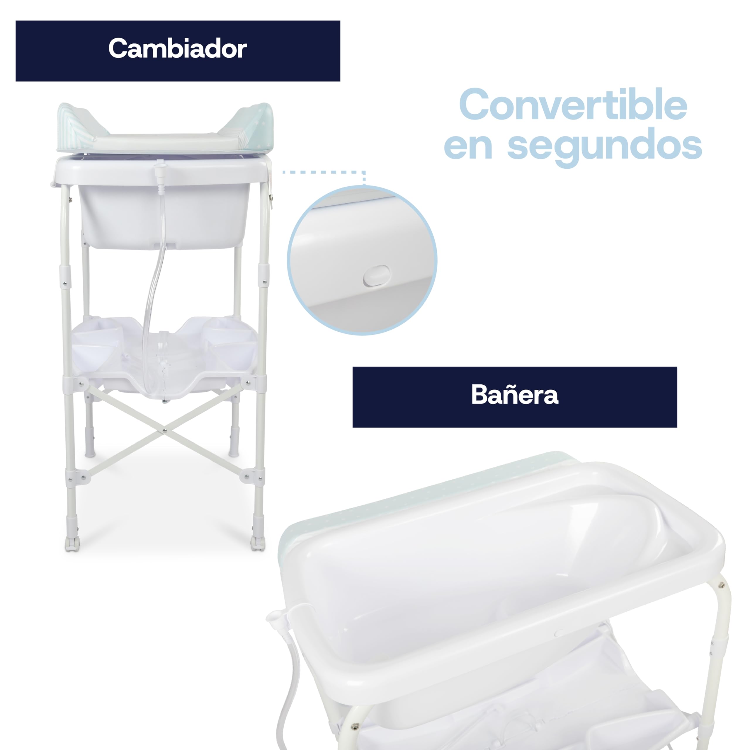 Toral Bañera Cambiador Bebe Mueble con Patas - Bañera Bebe Con Bandeja Separadora y Ruedas con Freno - Cambiador con Medidor de Altura - Modelo Azul