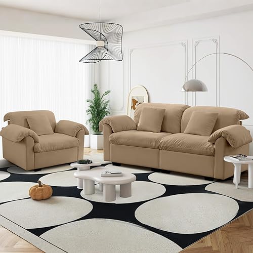 2 Piece Large Sectional Sofa Set Mid-Century Modern Single Sofa Chair and 2 Seater Couch with Storage, Pillow and Rolled Arm for Living Room, Apartment, Sunroom(Velvet,Camel)