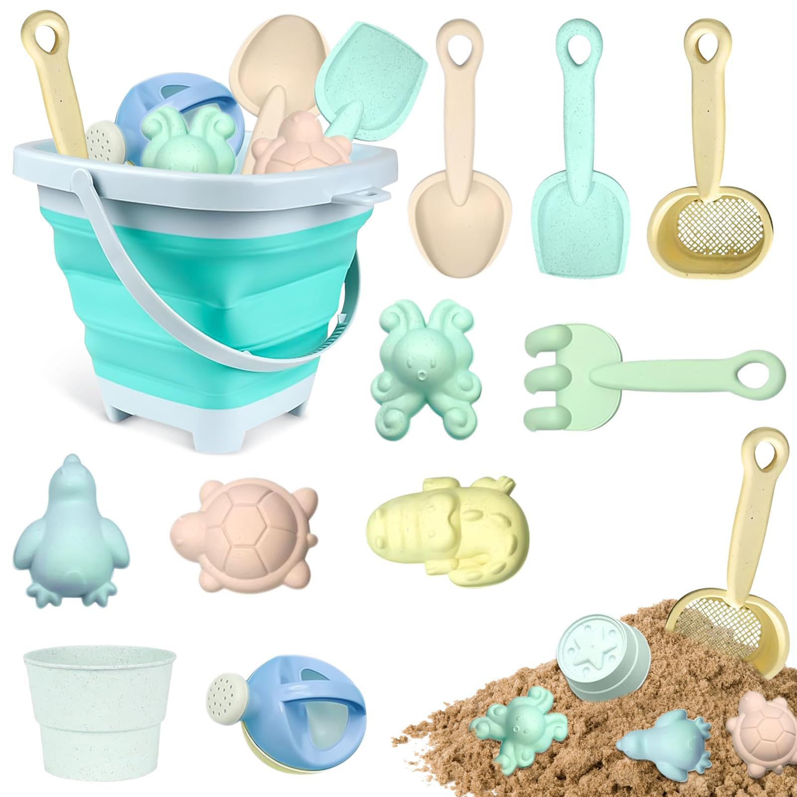 11pcs Sandspielzeu set,Sandspielzeug Kinder, Sandkasten Spielzeug,sandspielzeug eimer,silikon sandspielzeug,mit Faltbarer Eimer, Schaufel, Sandharke, Sandförmchen, Für Kinder Jungen Mädchen (Blau)