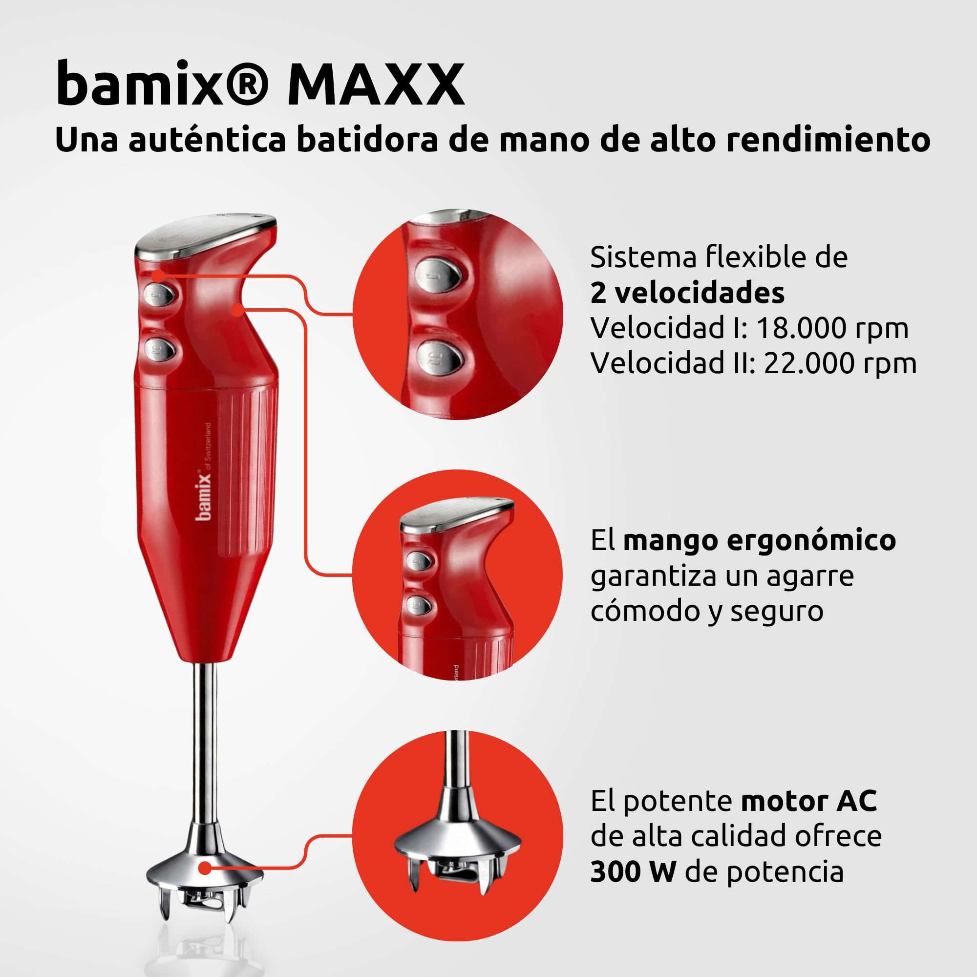 Set de batidora de mano bamix M350 MAXX con cuchillas multifunción, carne y verduras, batidor y disco para montar de acero inoxidable, 300W, 2 velocidades, fabricado en Suiza, rojo/cromo