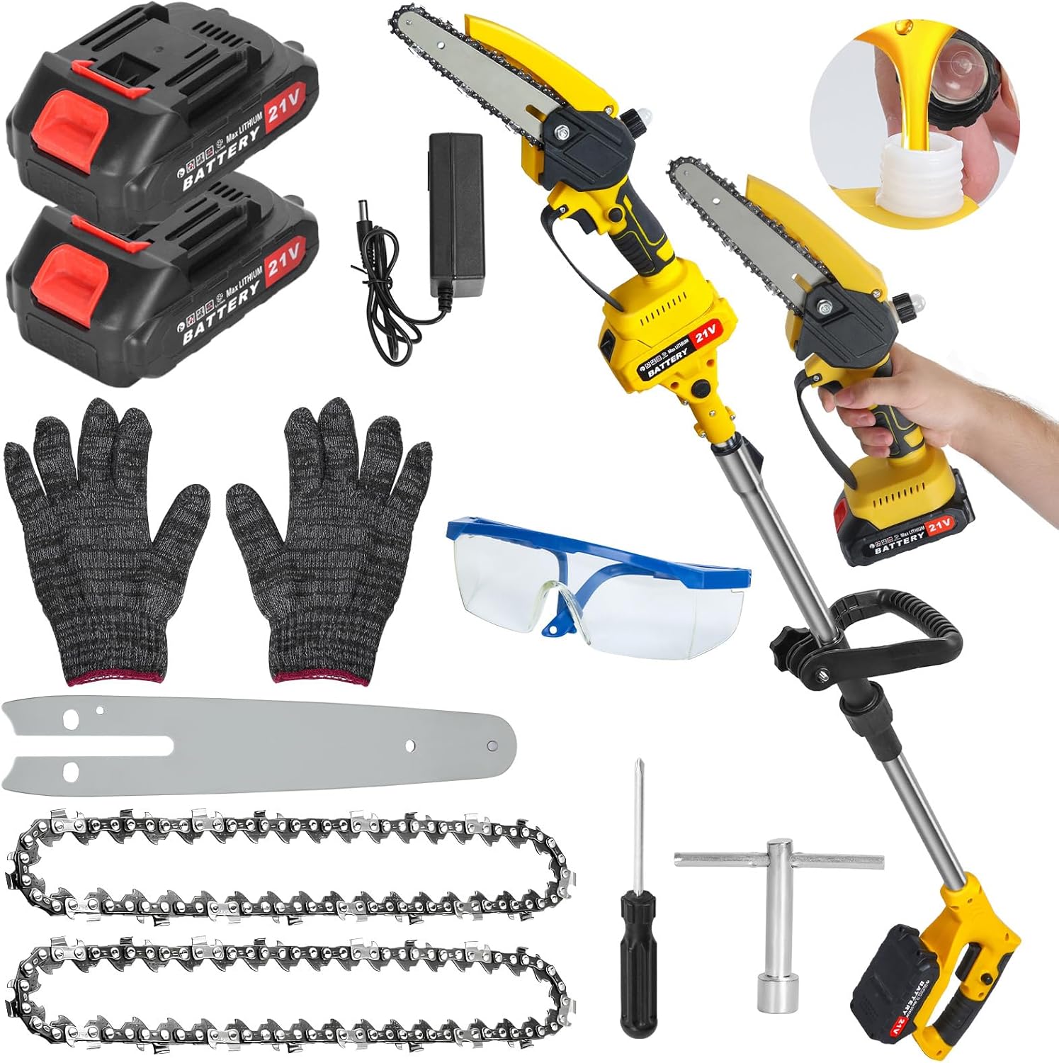 2-in-1 Cordless Pole Saw & Mini Chainsaw 21V Electric Pole Saws for Tree Trimming, 5.9ft Reach Pole Saw for Tree Trimming, Lightweight Mini Handheld Chainsaw with 2× 21V Batteries Yellow