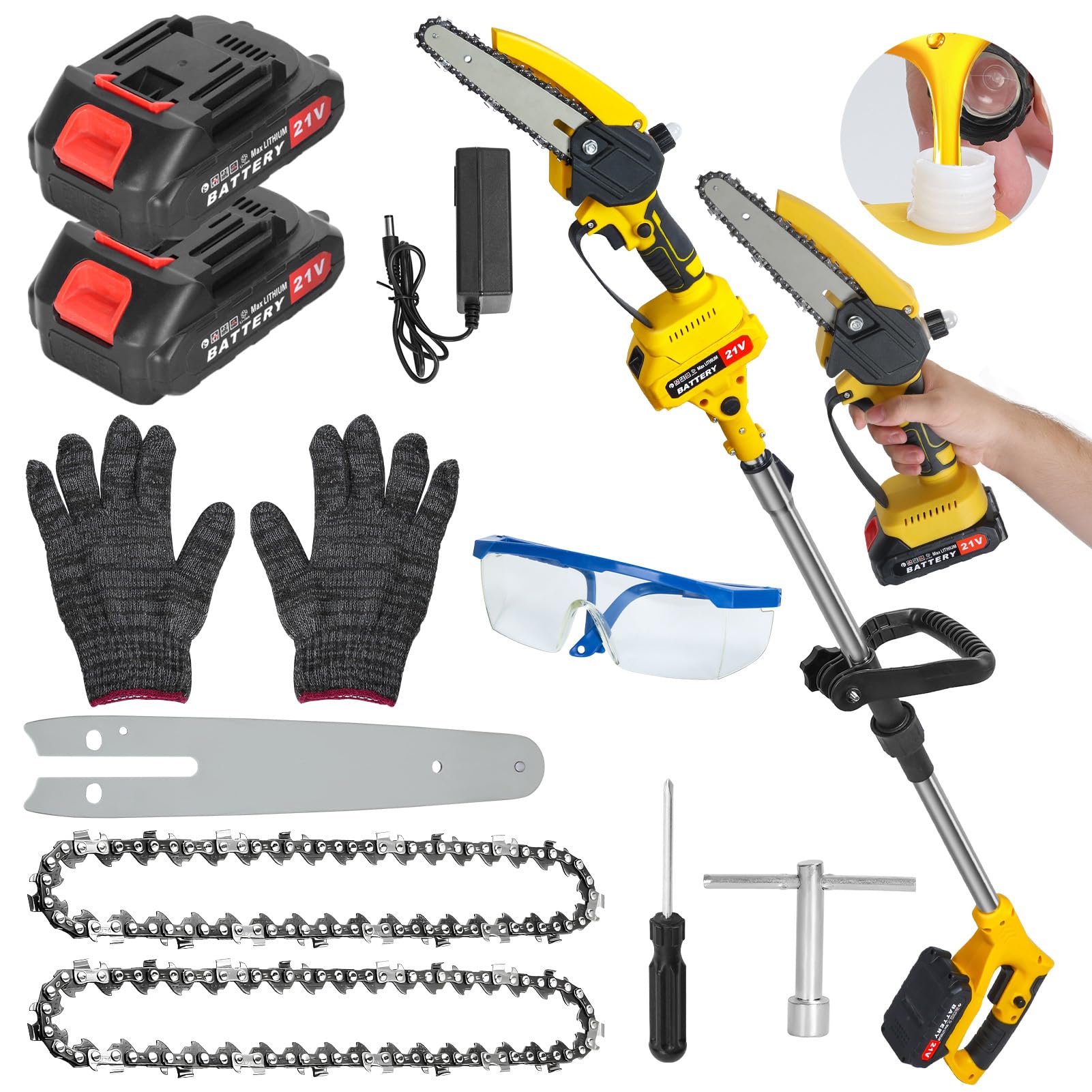 Scie à perche sans fil 2 en 1 et mini tronçonneuse électrique 21 V pour l'élagage des arbres, scie à perche à portée de 1,8 m pour l'élagage des arbres, mini tronçonneuse portable légère avec