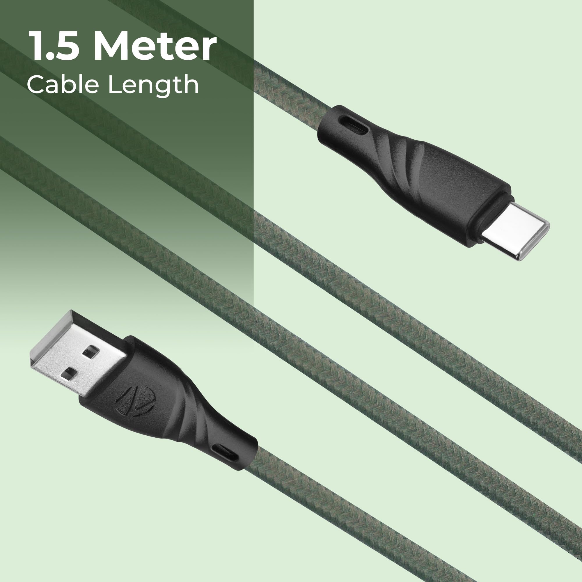 Zebronics USB to Type C Braided Nylon Cable, 33W, 3A Max, 1.5 Meters, Rapid Charging, 15000+ Bends Tested, Charge & Sync, Durable, Samsung, OnePlus, Xiaomi, Realme, Oppo (UT300, Green) — Amazon image 7