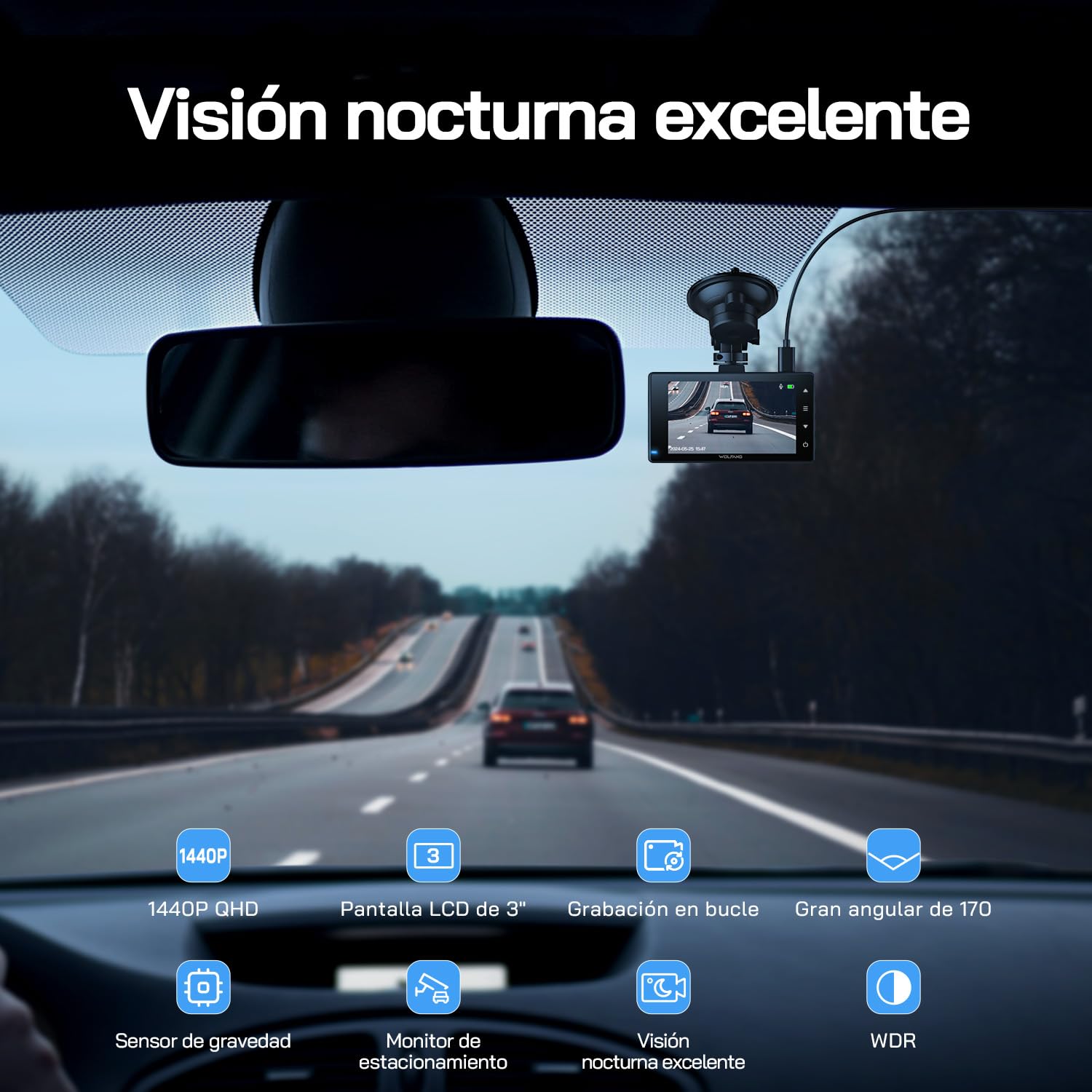 WOLFANG Dashcam, Cámara de Coche Delantera y Trasera 2.5K QHD, Dash Camera para Coches de 170º Gran Angular Monitor de Aparcamiento 24H con Grabación en Bucle y Sensor G