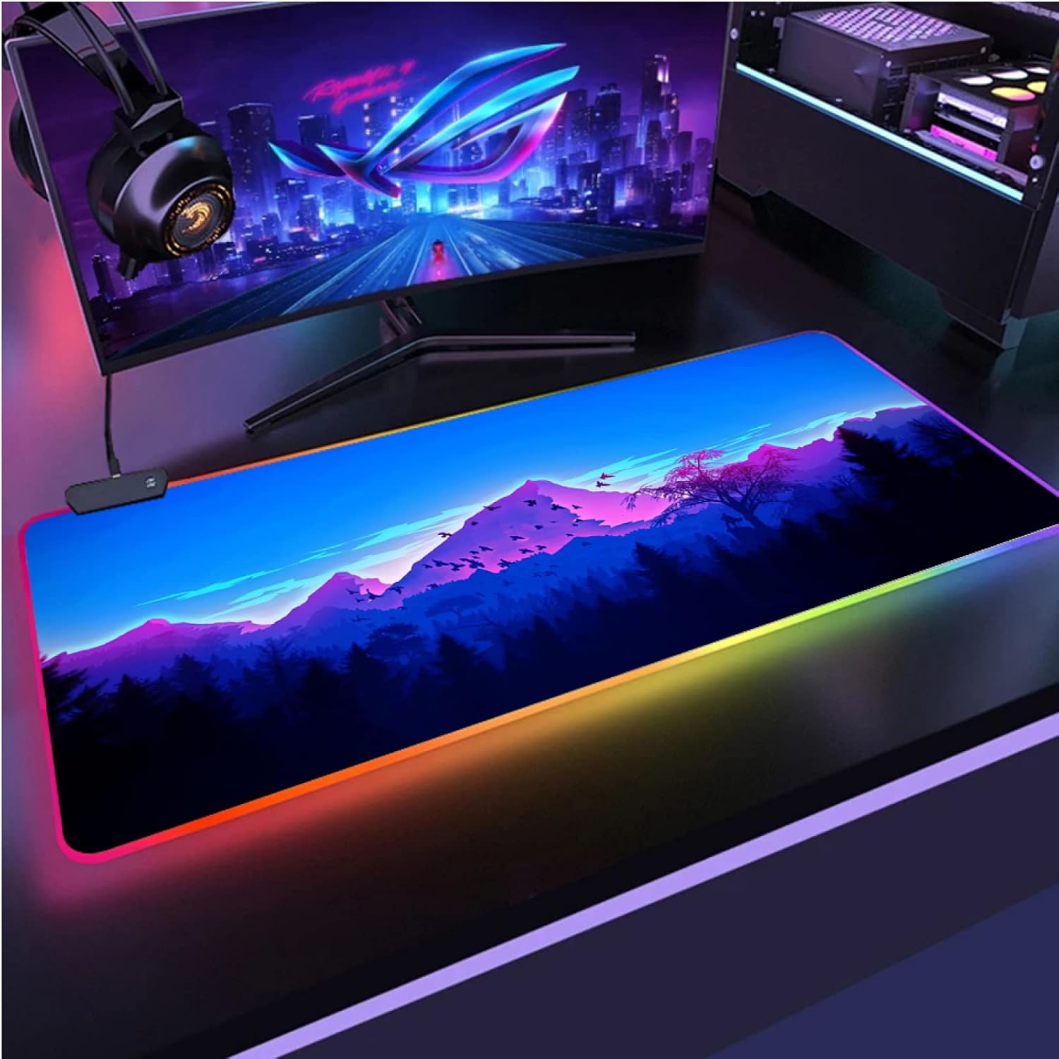 Gaming Mouse Pads Purple Mountains Kawaii Mouse Pad Blue Forest Carpet RGB LED Laptop Mouse Pad Decoration Gamer Pc USB Mat,300X800MM