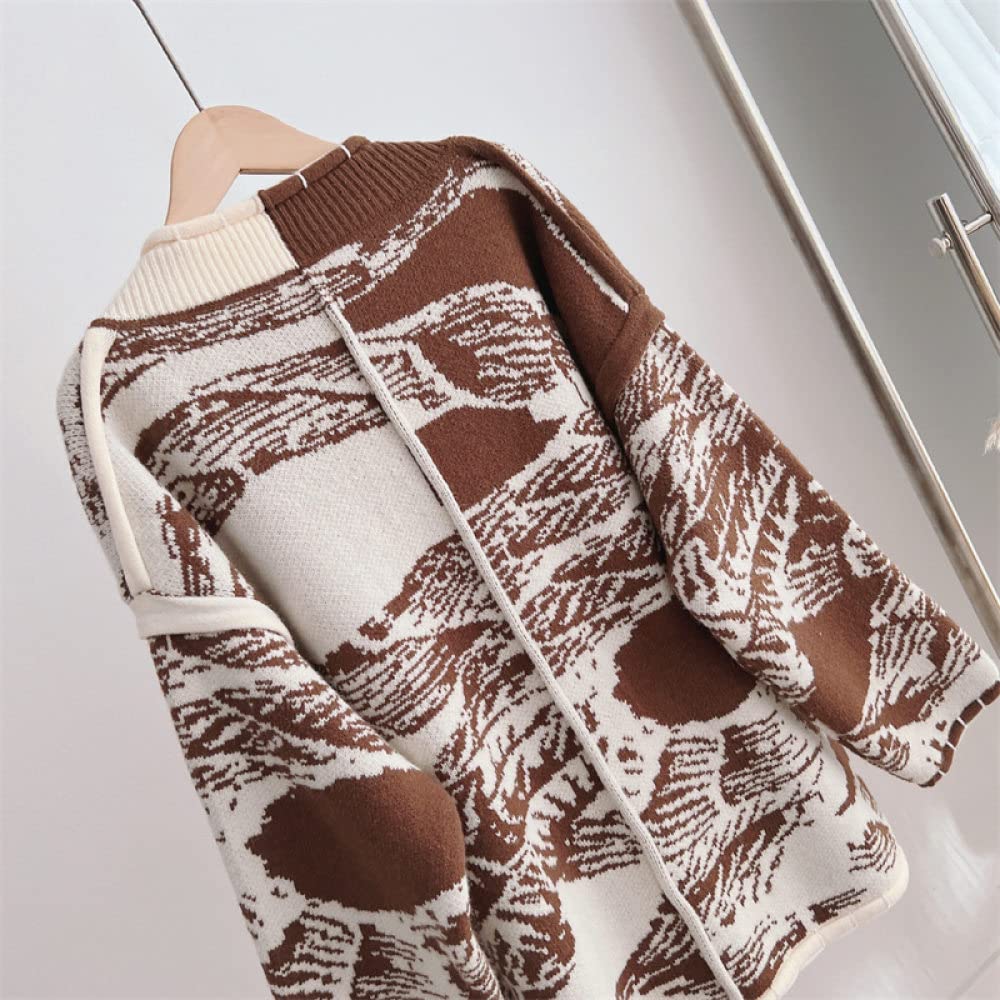 Chaqueta Mujer,Suéteres De Mujer Cárdigans De Punto Abrigo Moda Chic Marrón Graffiti Jacquard Botón De Cárdigan Con Cuello En V Manga Larga Cárdigan Con Frente Abierto Chaqueta De Abrigo De Pu
