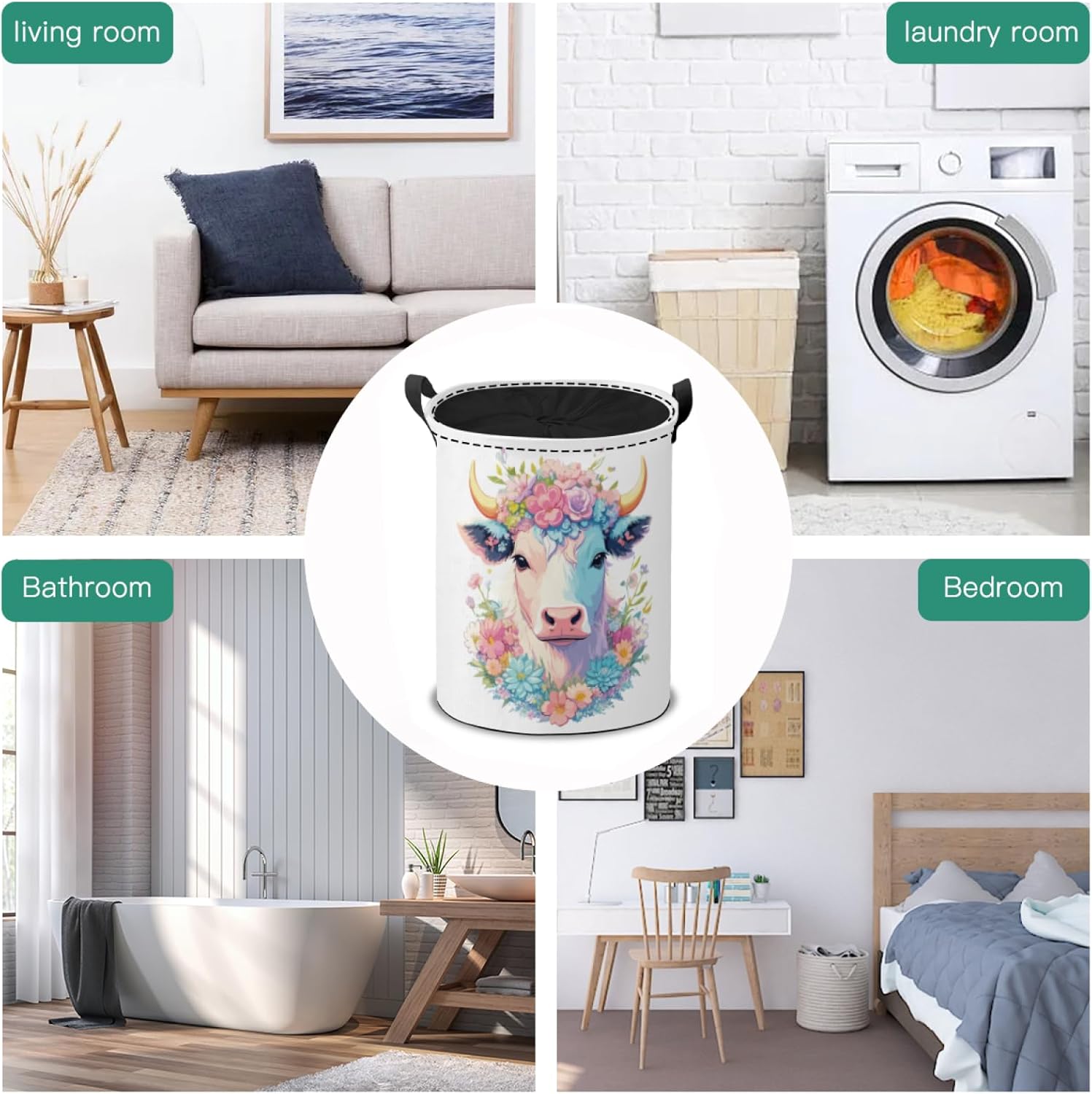 Storage Basket Foldable Laundry Basket Lightweight with Handles Hamper Toy Storage for Laundry Room Livingroom Bedroom Bathroom Highland Cow