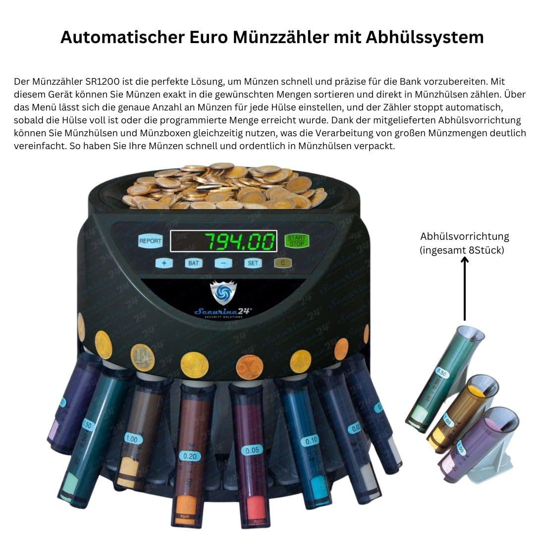 Automatischer Euro Münzzähler & -sortierer Geldzählmaschine SR1200 mit Abhülsung Geldzähler Münzzählautomat Securina24 (schwarz - BBB)
