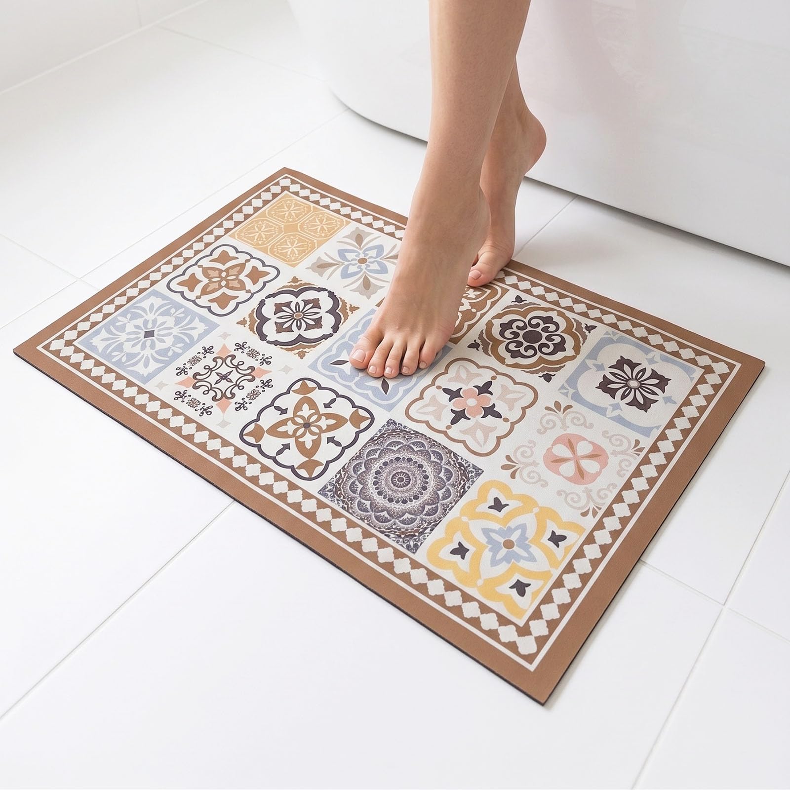 Rebel Lines Bohemian Tile Effect Bath Mat, Diatomite Style, Quick Dry, Non-Slip, Absorbent, 40x60cm
