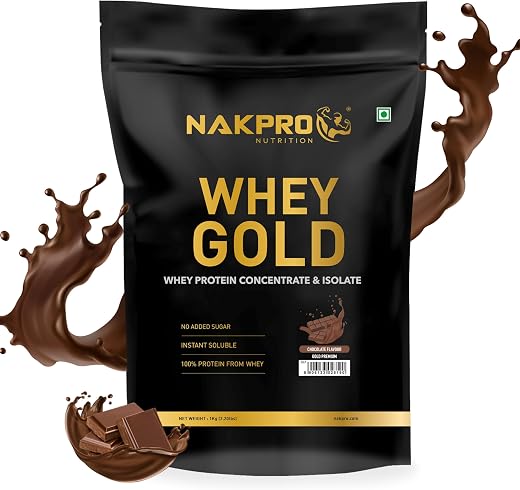 NAKPRO NUTRITION Gold Premium Whey Protein | 1kg Chocolate | 27g Protein | Isolate &amp; Concentrate