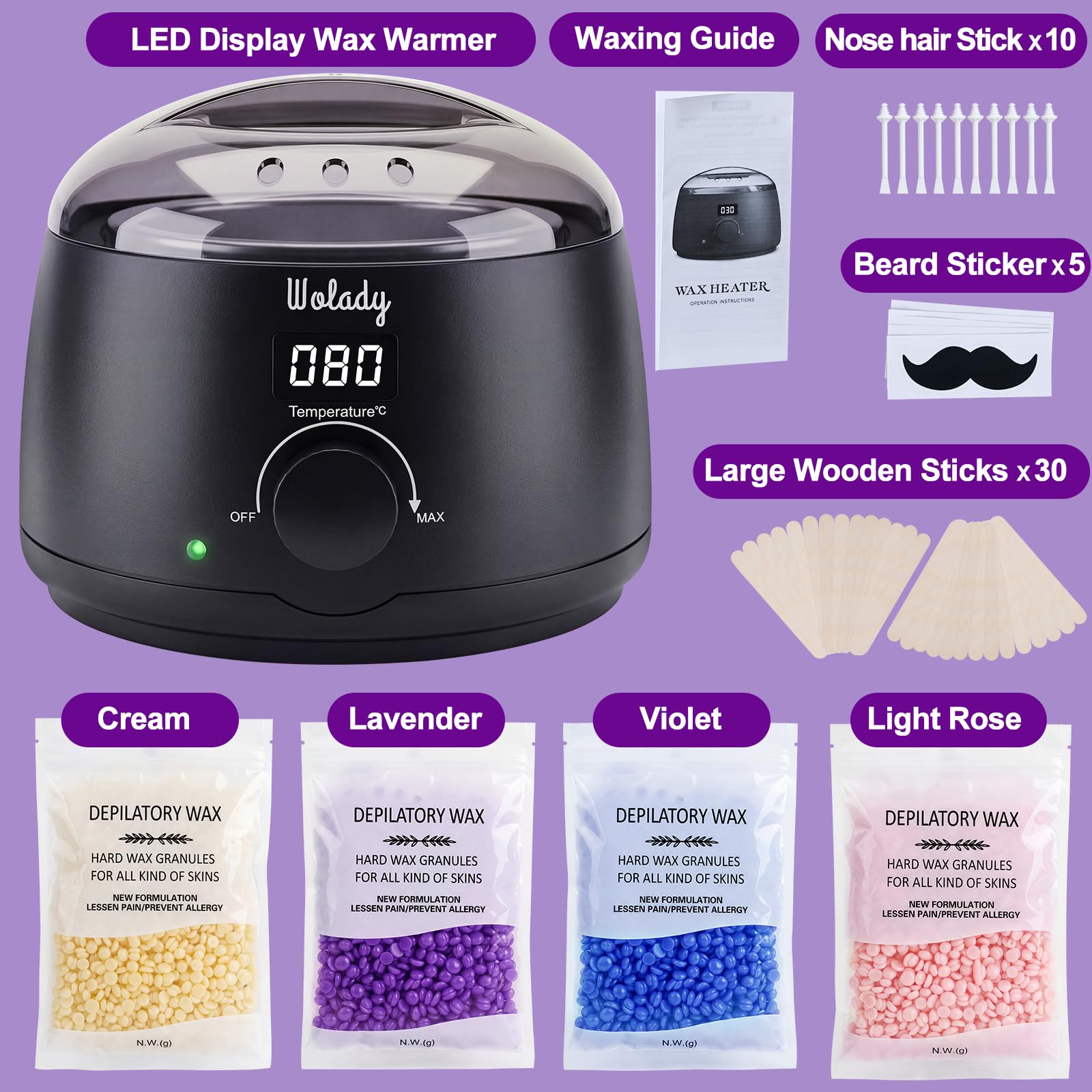 Chauffe Cire Épilation à la Cire Chaude Professionnelle 500ml, Wolady Smart Appareil à Cire Avec 4 Sachets Cire et 10pcs Bâtons Épilation Visage Bras Jambes Aisselles (Noir)