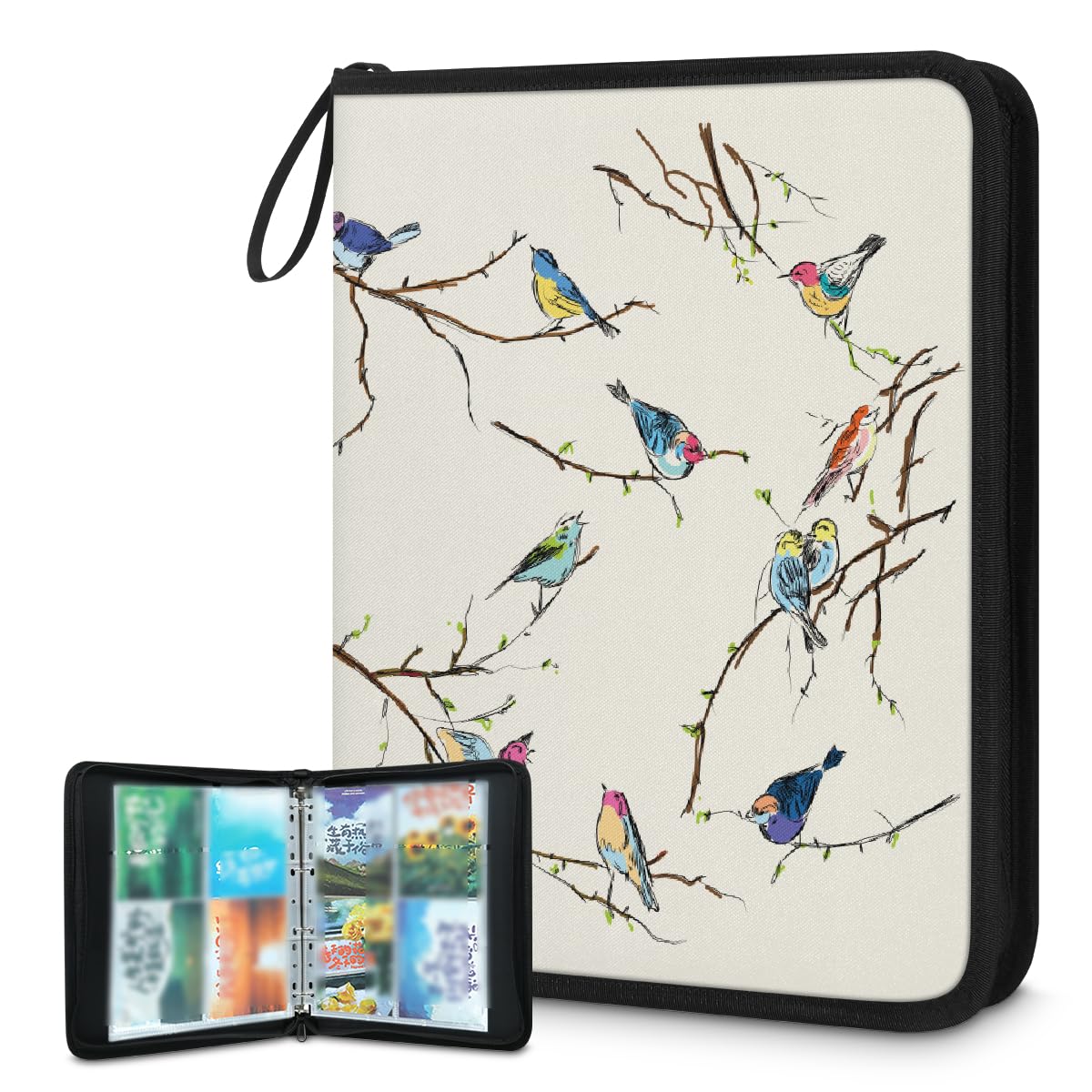 Carpeta para tarjetas de intercambio con 4 bolsillos, diseño de pájaros pequeños, álbum de tarjetas con fundas extraíbles, impermeable, con cremallera, capacidad para 50 páginas y 400 tarjetas